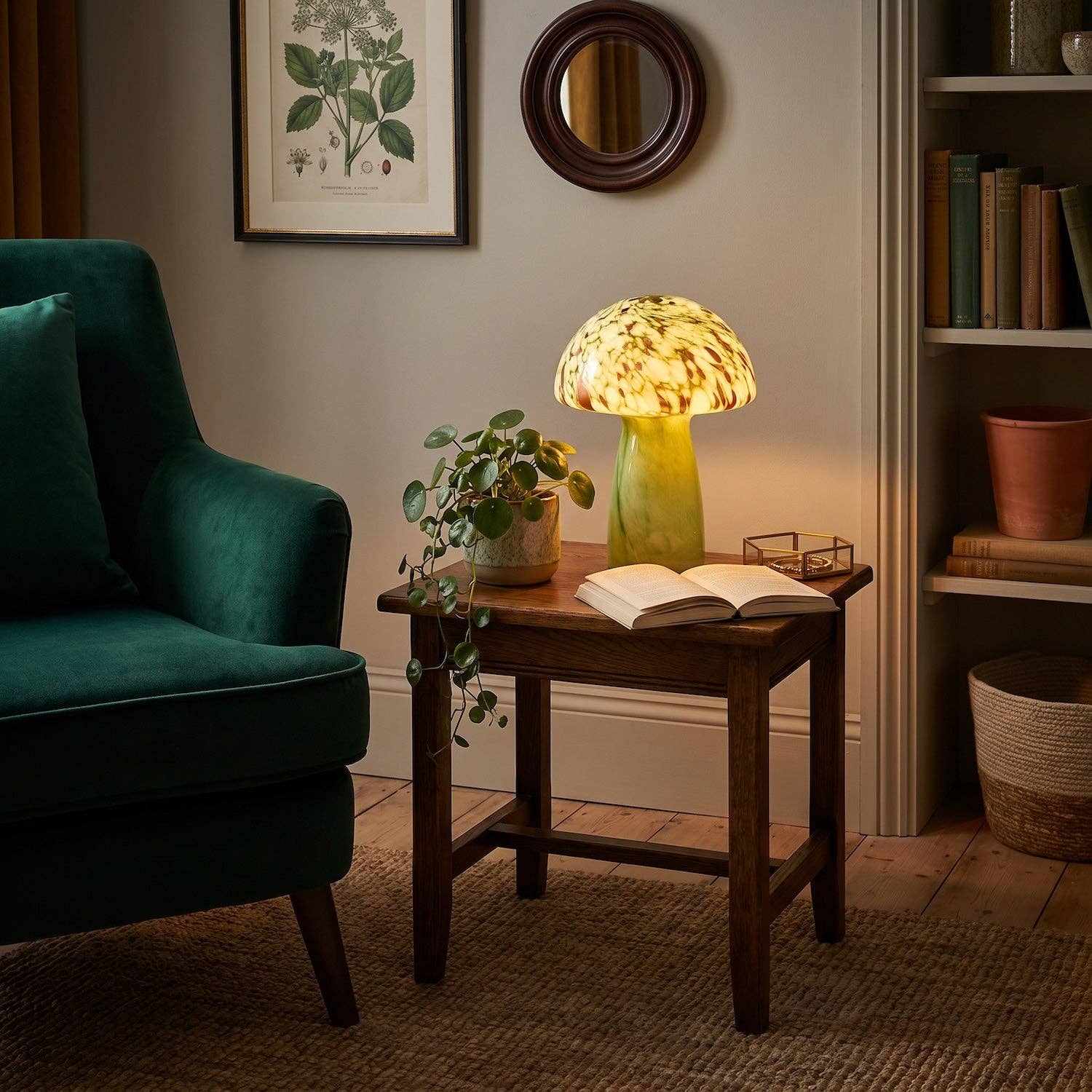 Decortieliving - Green Glass Mushroom Lamp 30cm | Retro Italian Style with Copper Flecks