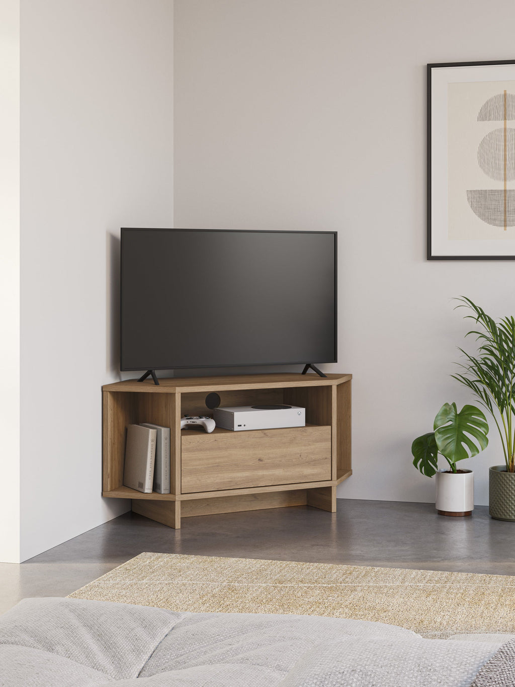 Decortieliving - Modern Viva Corner TV Unit – Compact Corner Stand with Shelves & Cabinet for 40-Inch TVs