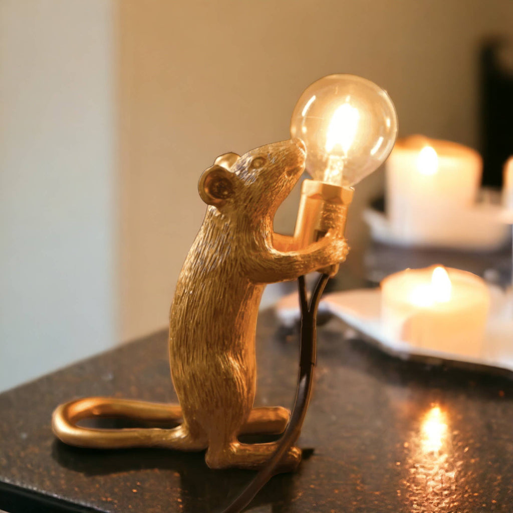 Decortieliving - Gold Mouse Night Light | Resin Table Lamp