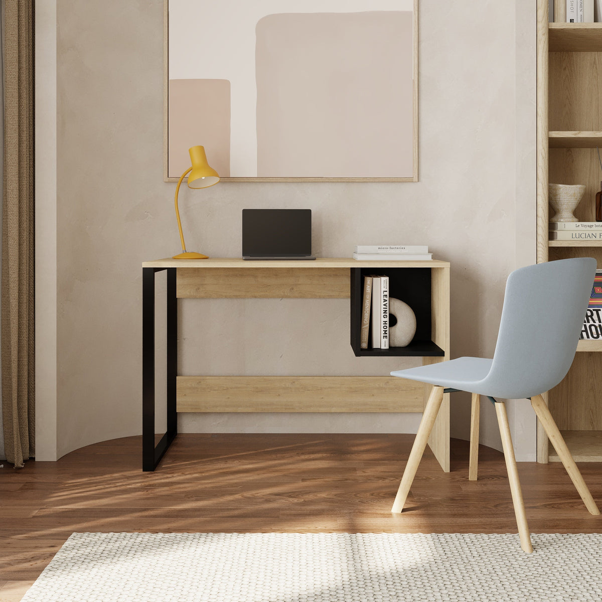Decortieliving - Model 4 Working Table with 1 Square Shelf - Oak - Black Wood