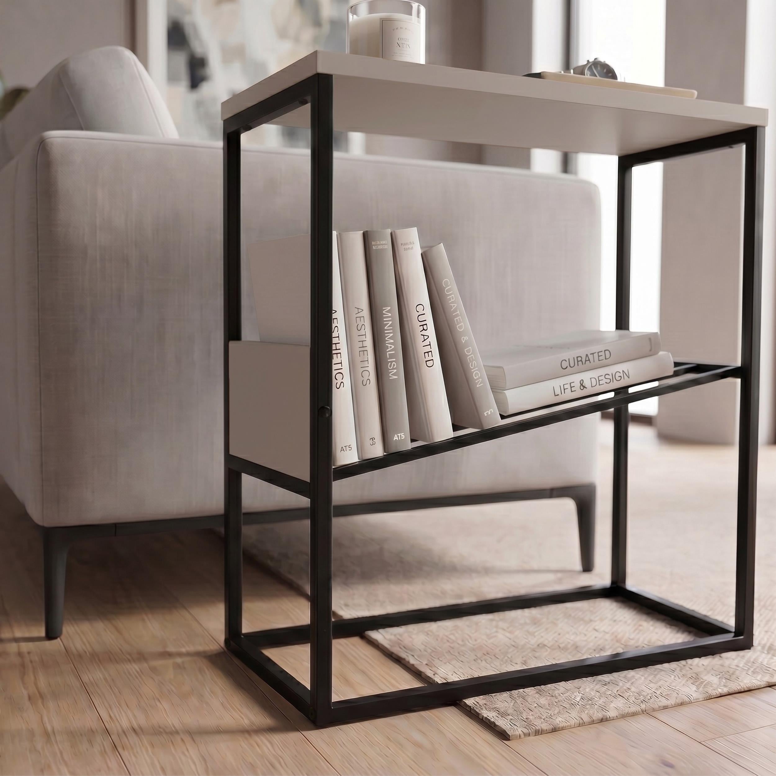 Table d'appoint moderne Tenol avec étagère métallique inclinée