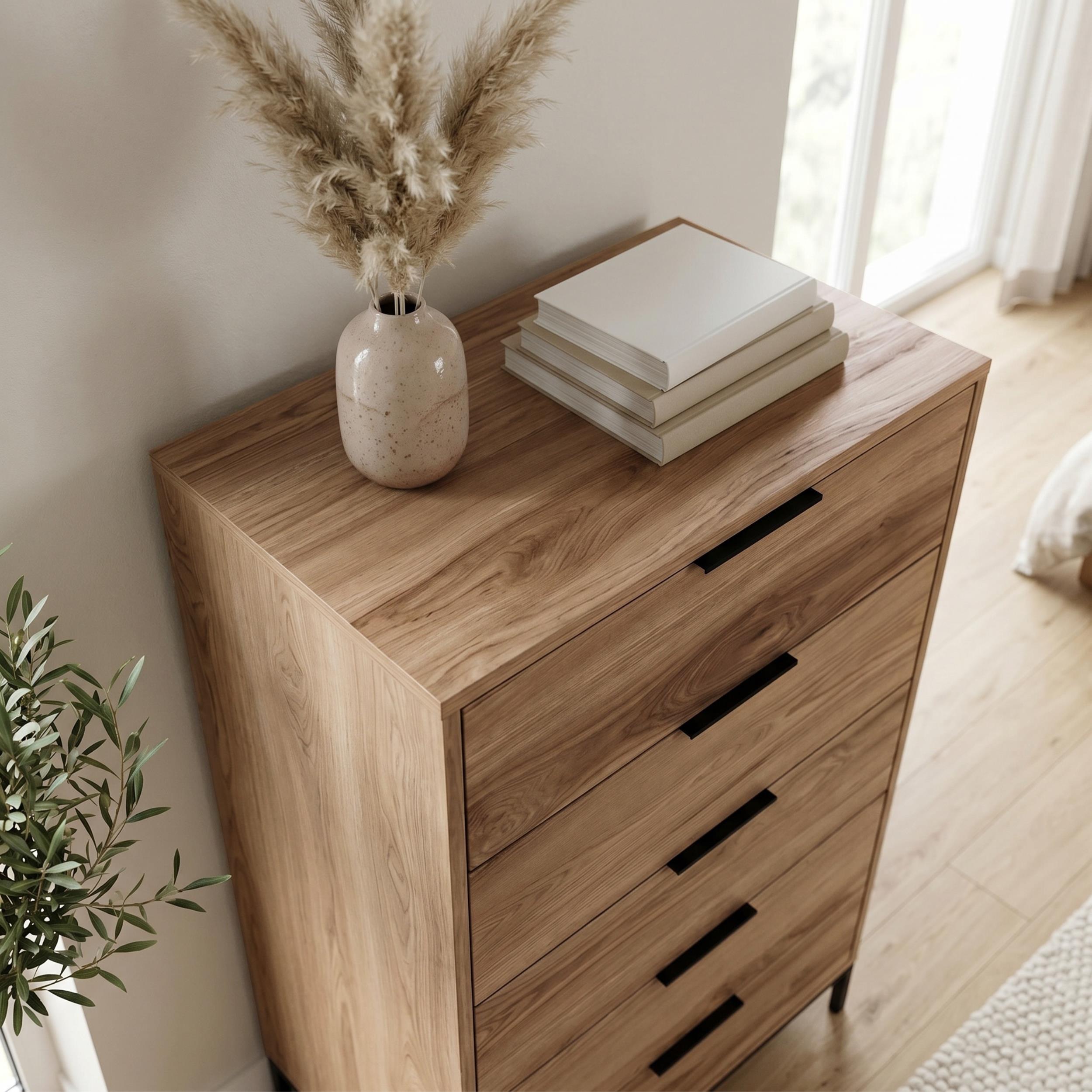 Commode haute 5 tiroirs Mars Chêne Whiskey L70 cm