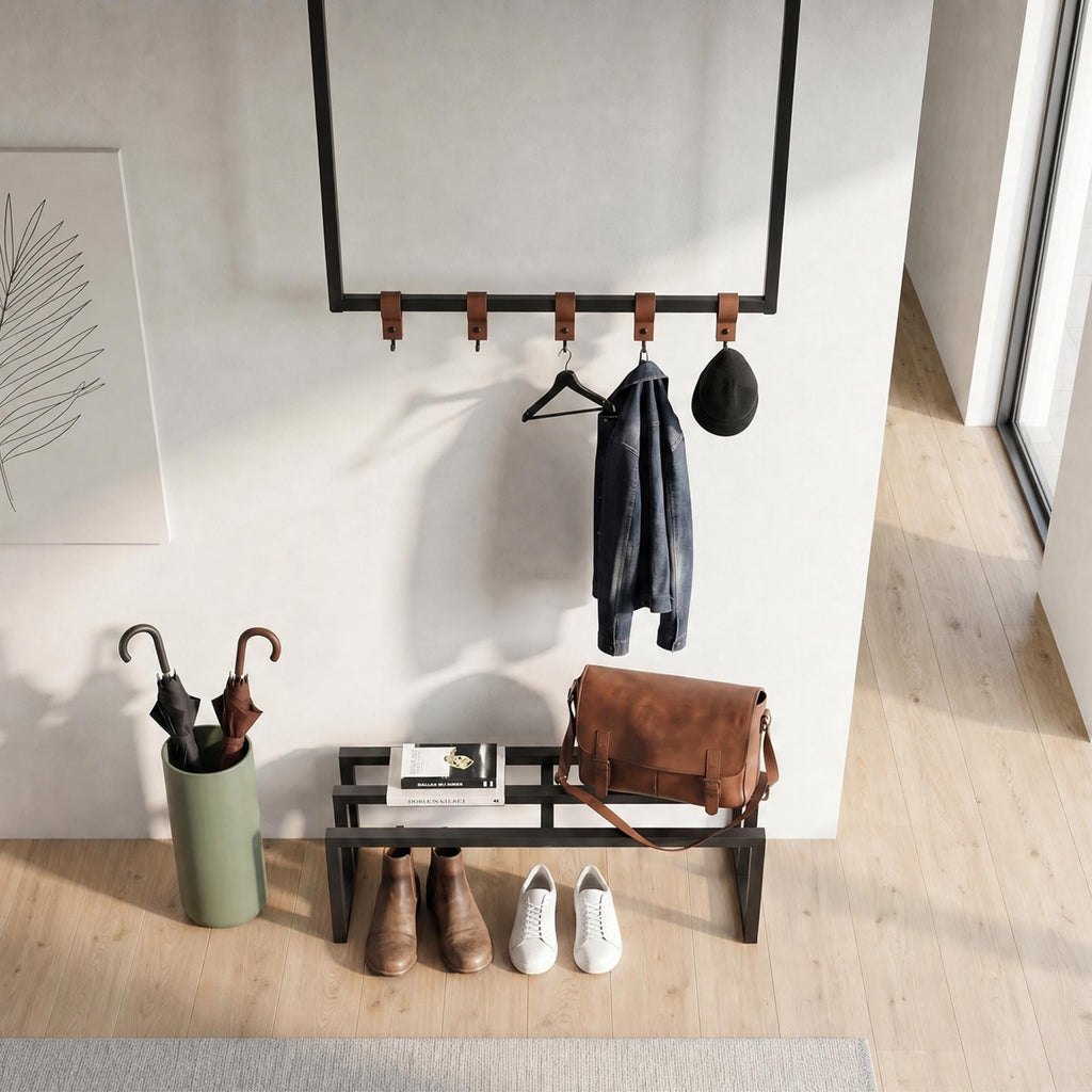 Decortieliving - Roya Hall Set Shoe Rack, 5 Metal Hook Wall Rail Black 72 x 30 x 50.2 cm