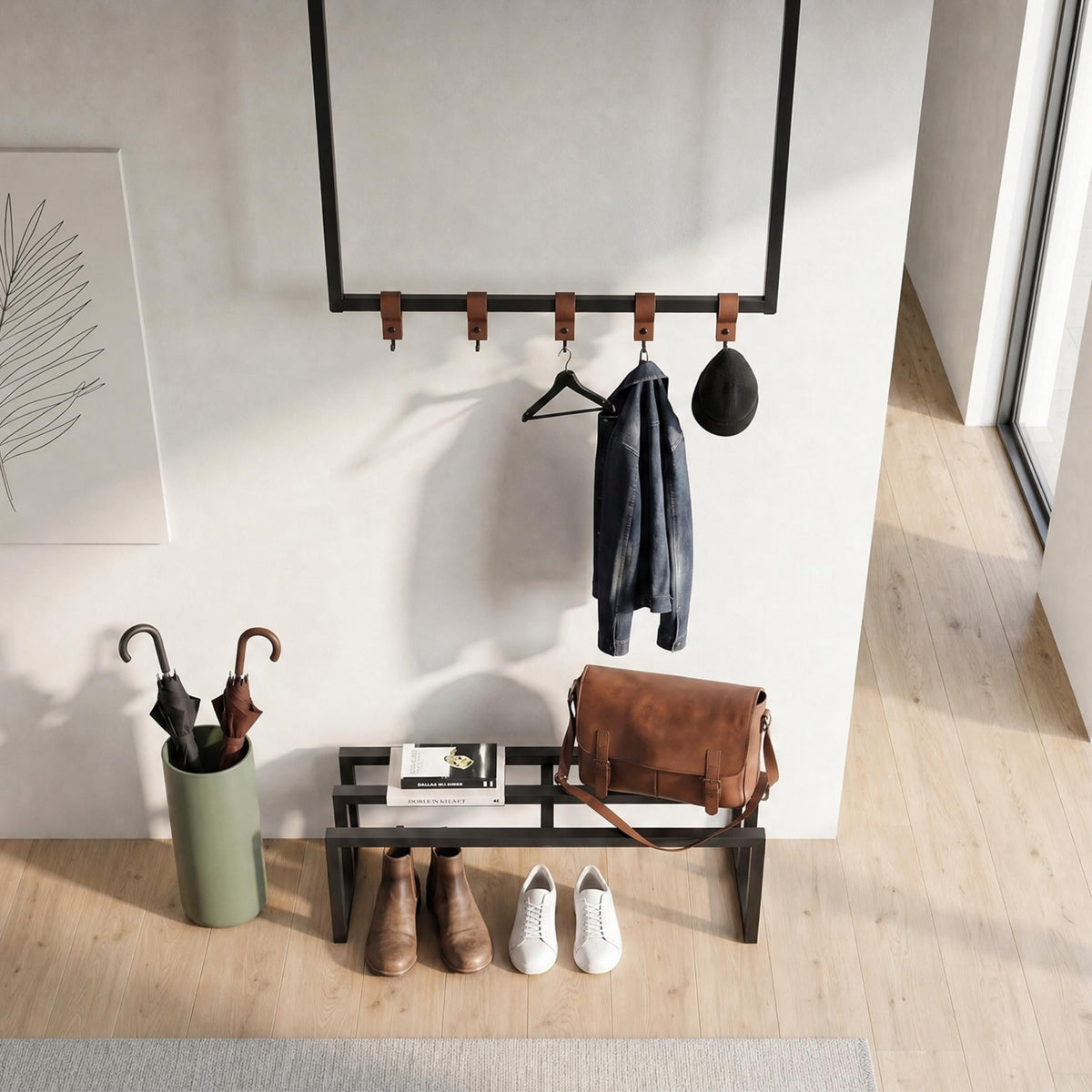 Decortieliving - Roya Hall Set Shoe Rack, 5 Metal Hook Wall Rail Black 72 x 30 x 50.2 cm