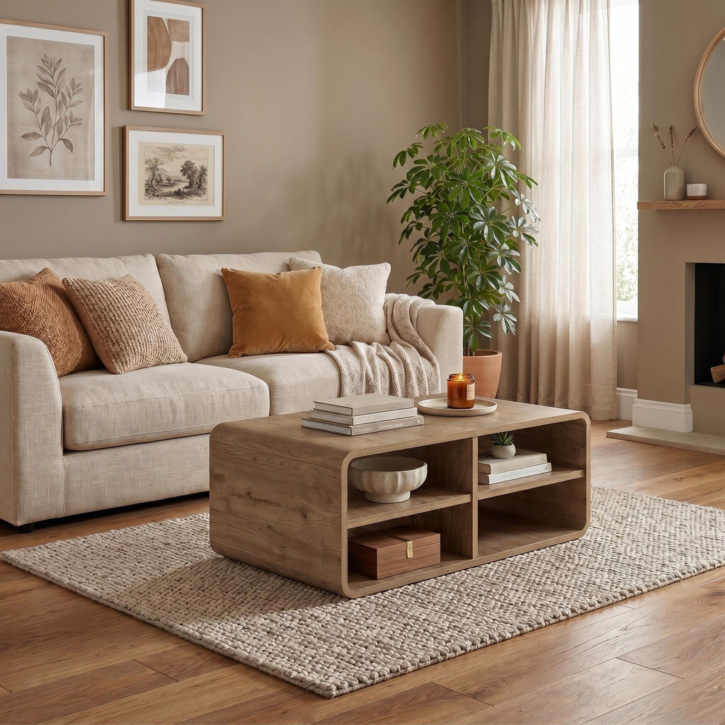 Table basse Rovel en chêne naturel avec étagères