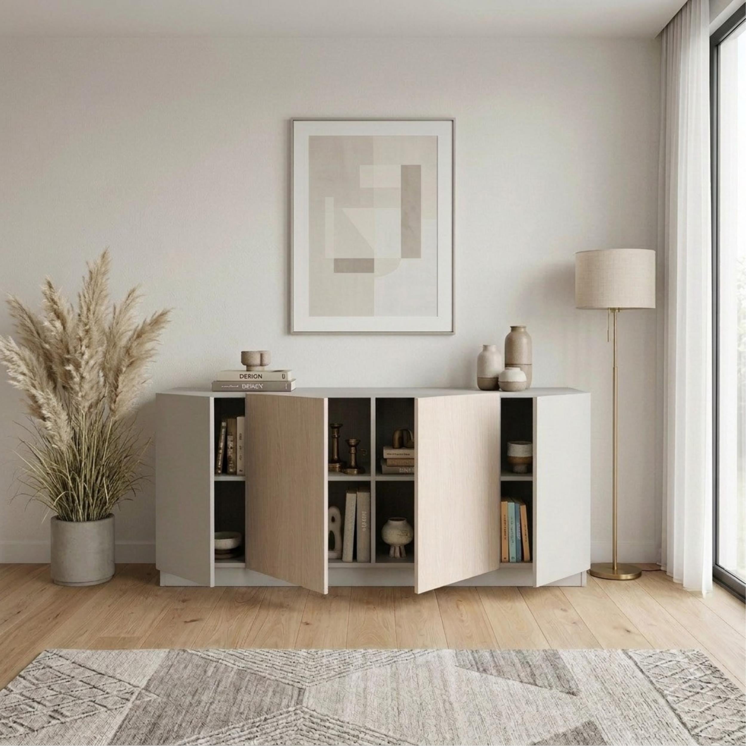 Decortieliving - Victor Console Sideboard 4 Doors Sandstone Sonoma Oak White 170 x 42.1 x 80.3 cm
