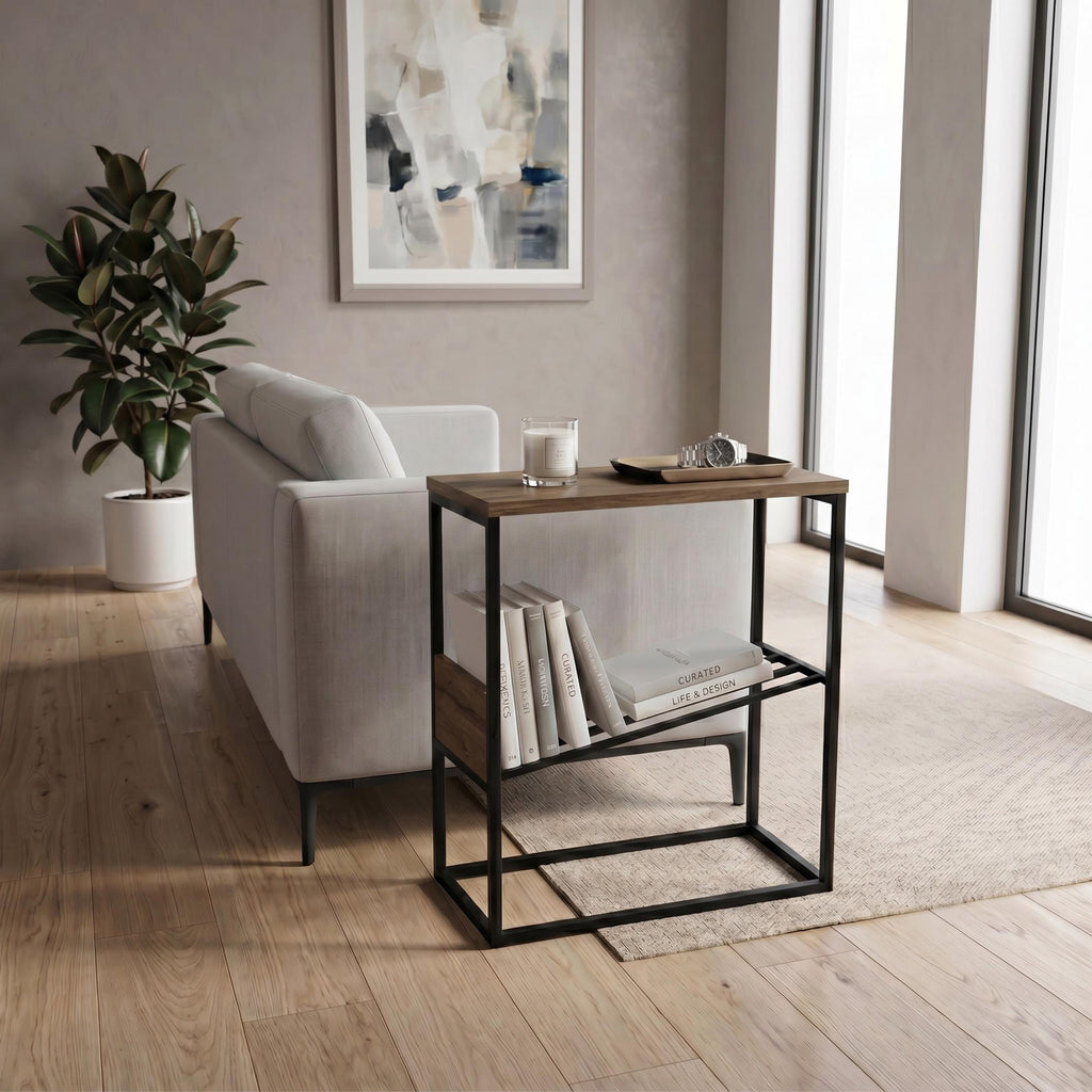Table d'appoint moderne Tenol avec étagère métallique inclinée