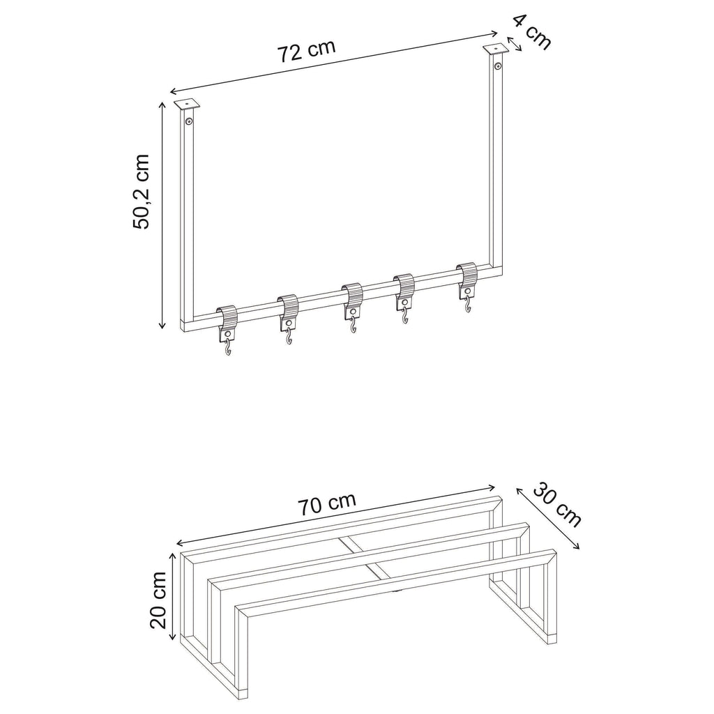 Decortieliving - Roya Hall Set Shoe Rack, 5 Metal Hook Wall Rail Black 72 x 30 x 50.2 cm