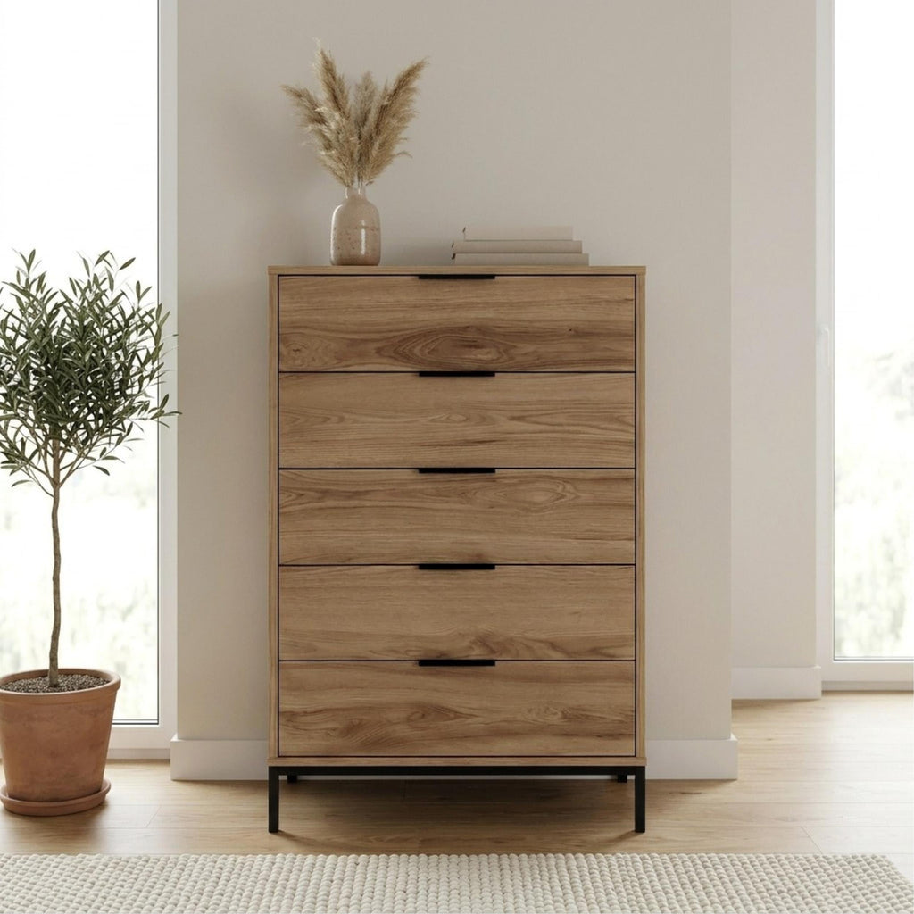 Commode haute 5 tiroirs Mars Chêne Whiskey L70 cm