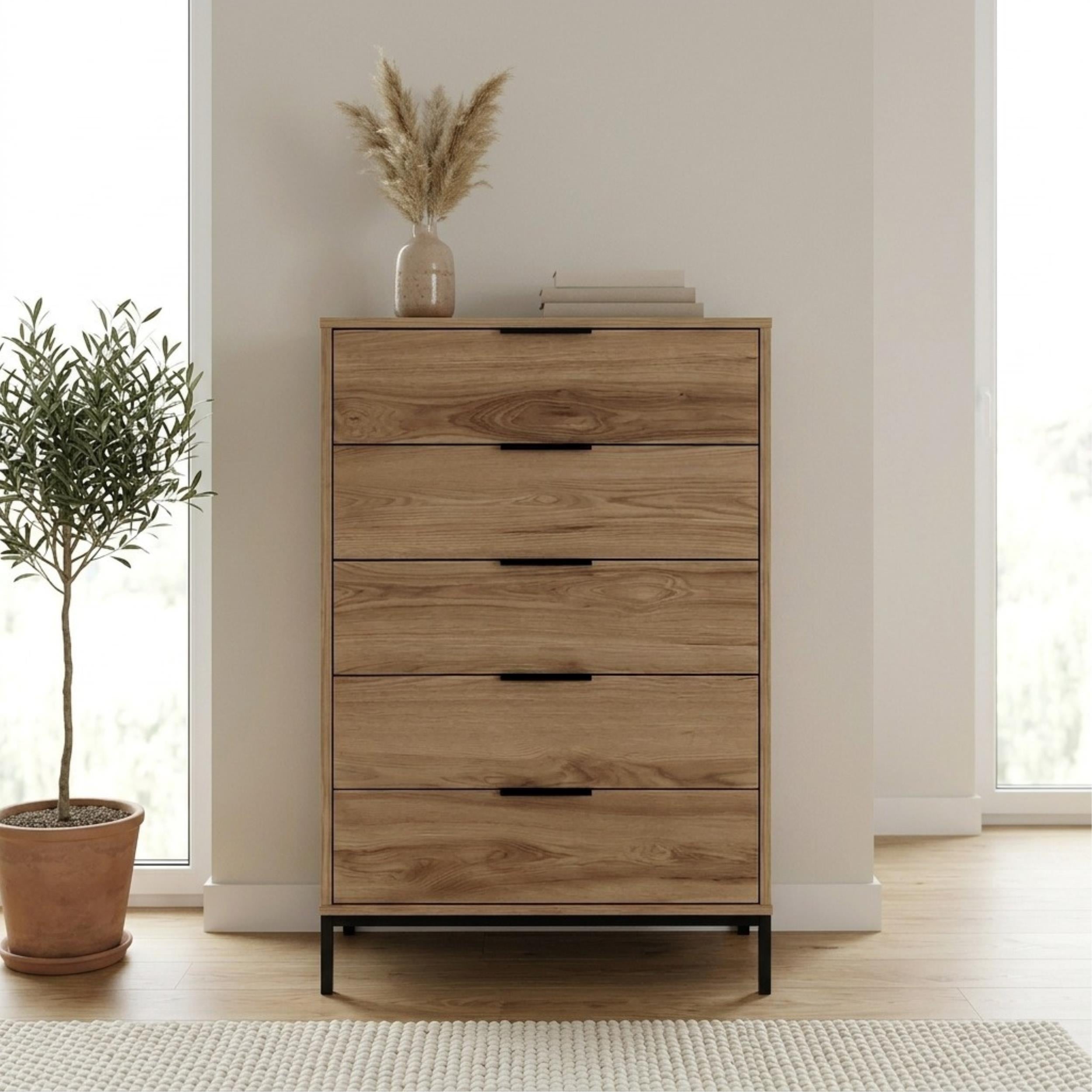 Commode haute 5 tiroirs Mars Chêne Whiskey L70 cm