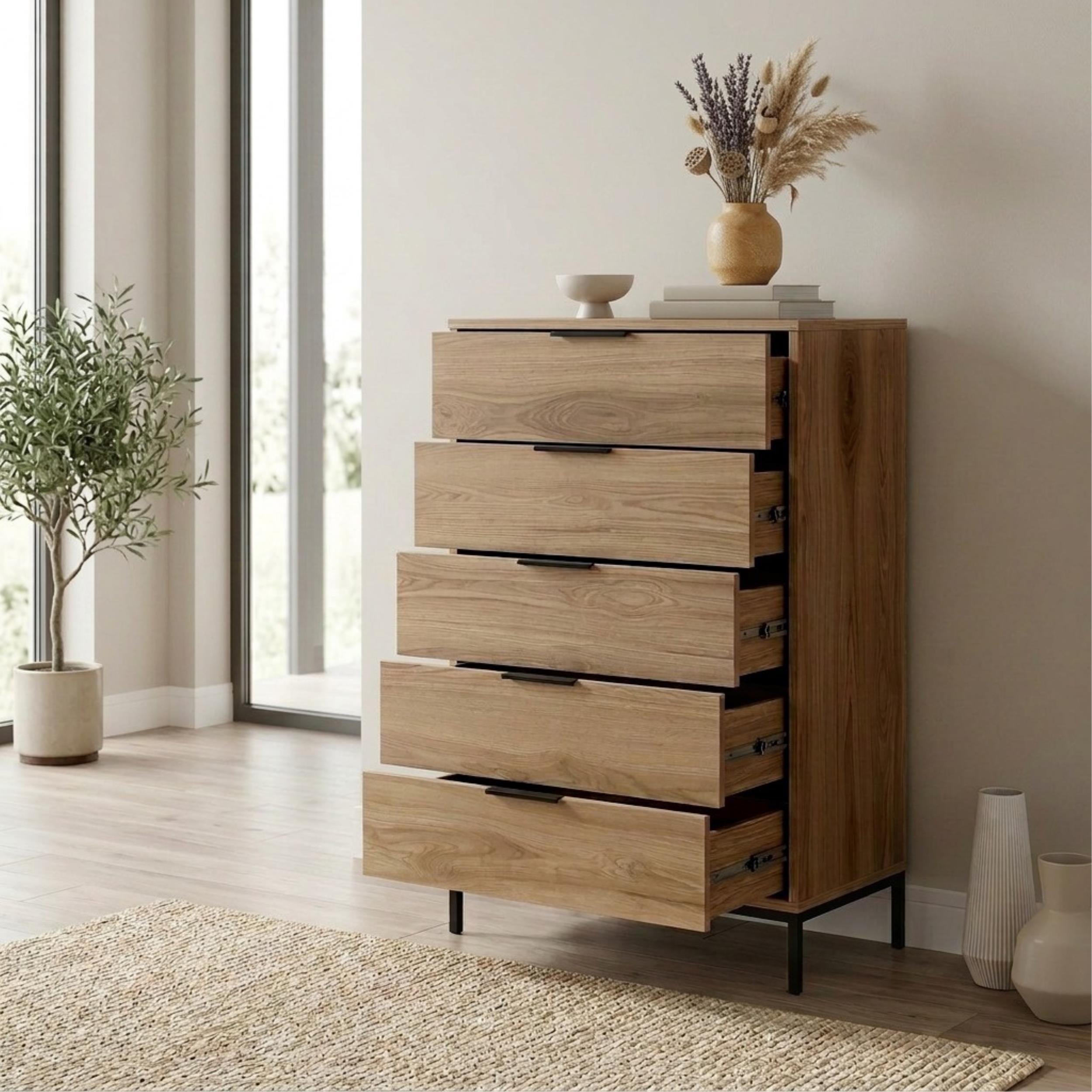 Commode haute 5 tiroirs Mars Chêne Whiskey L70 cm