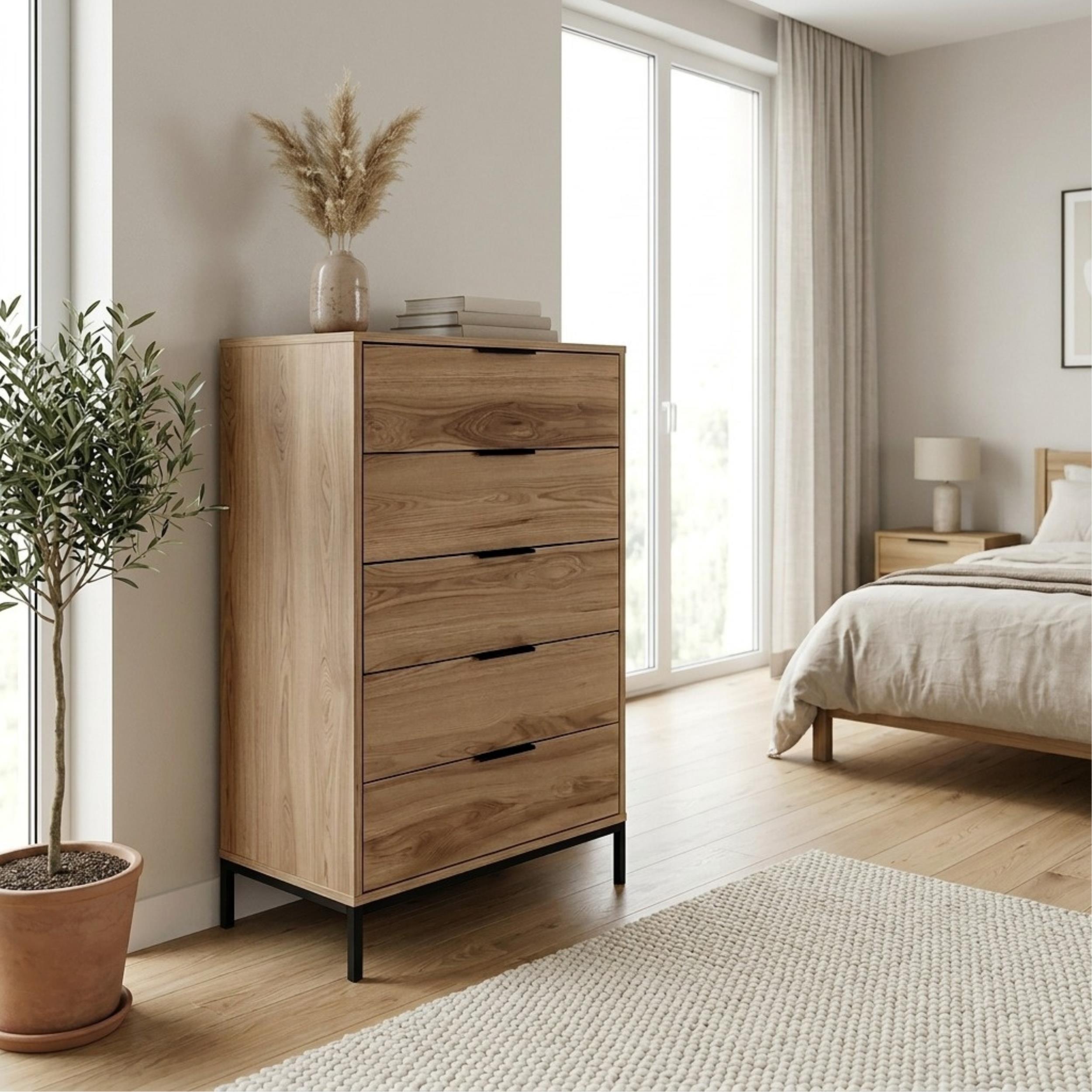 Commode haute 5 tiroirs Mars Chêne Whiskey L70 cm