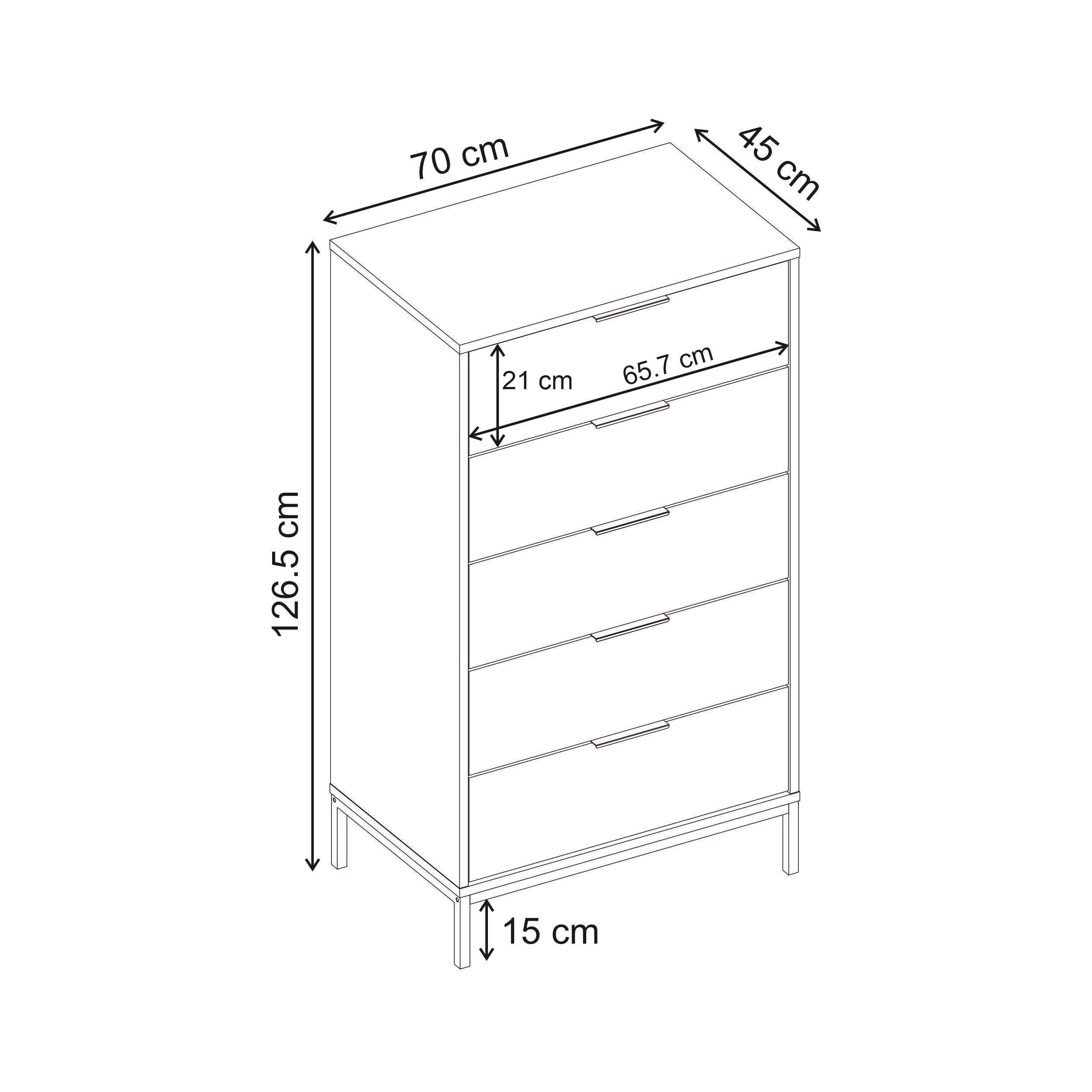 Commode haute 5 tiroirs Mars Chêne Whiskey L70 cm