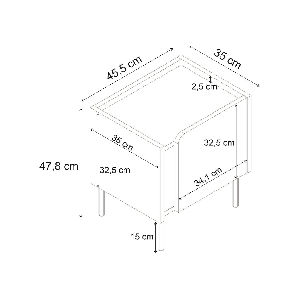 Table de chevet Norm moderne avec rangement à porte à fermeture douce et pieds en métal