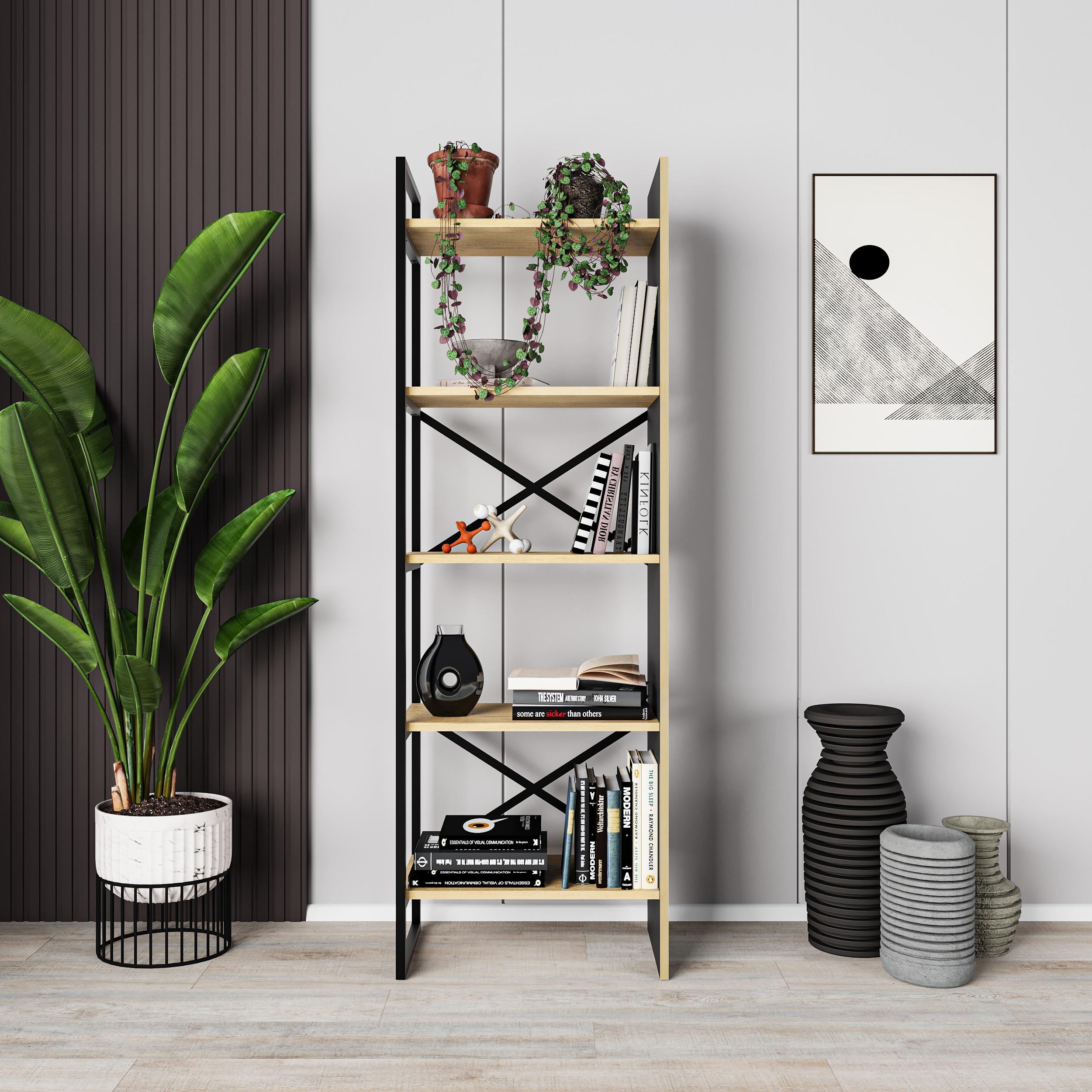 Decortieliving - Detroit Industrial Bookcase Shelving Unit Oak-Black 58 x 175 cm
