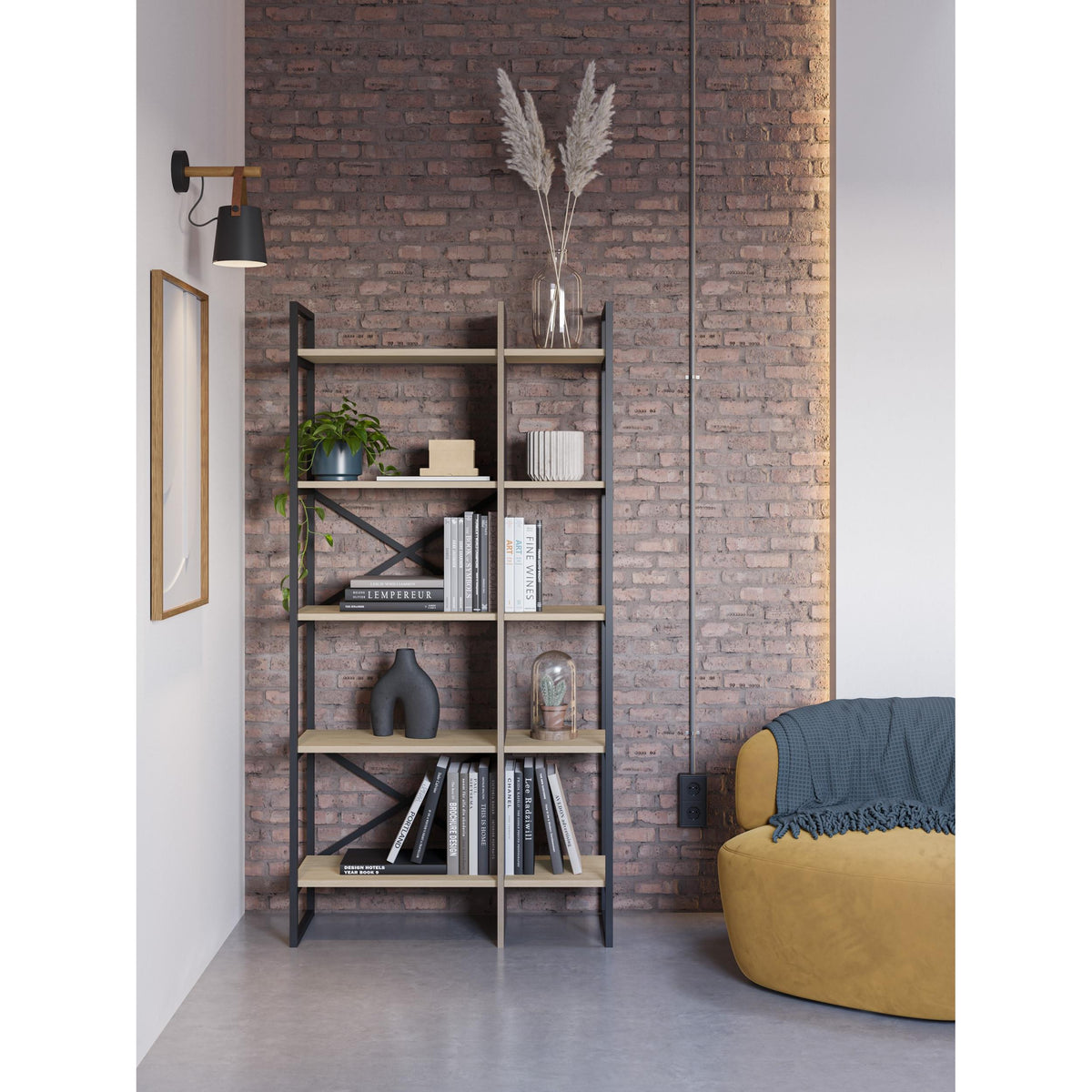 Decortieliving - Detroit Industrial Bookcase Shelving Unit Oak - Black 87.5 x 175 cm