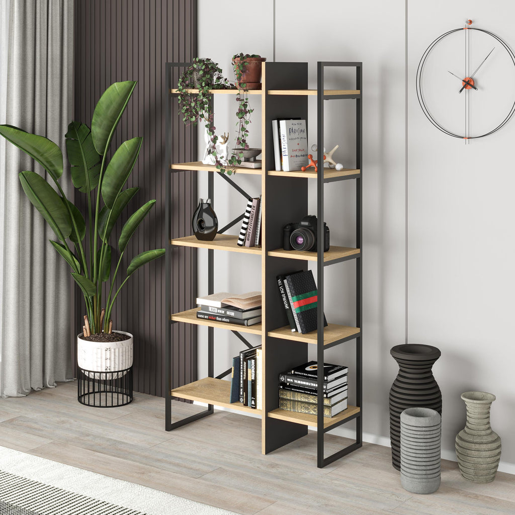 Decortieliving - Detroit Industrial Bookcase Shelving Unit Oak - Black 87.5 x 175 cm