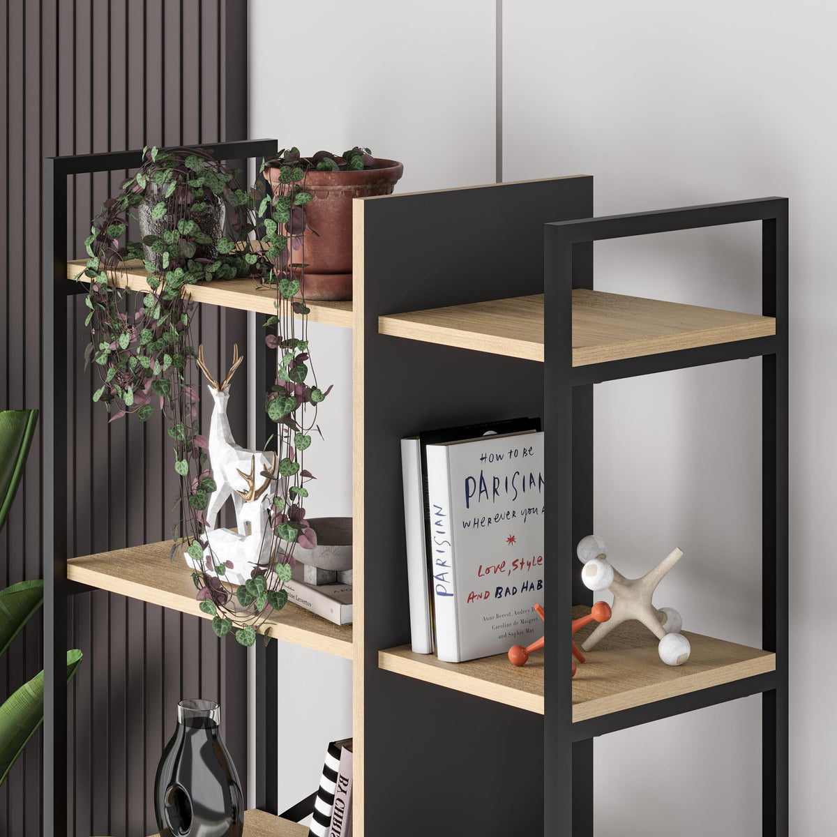 Decortieliving - Detroit Industrial Bookcase Shelving Unit Oak - Black 87.5 x 175 cm