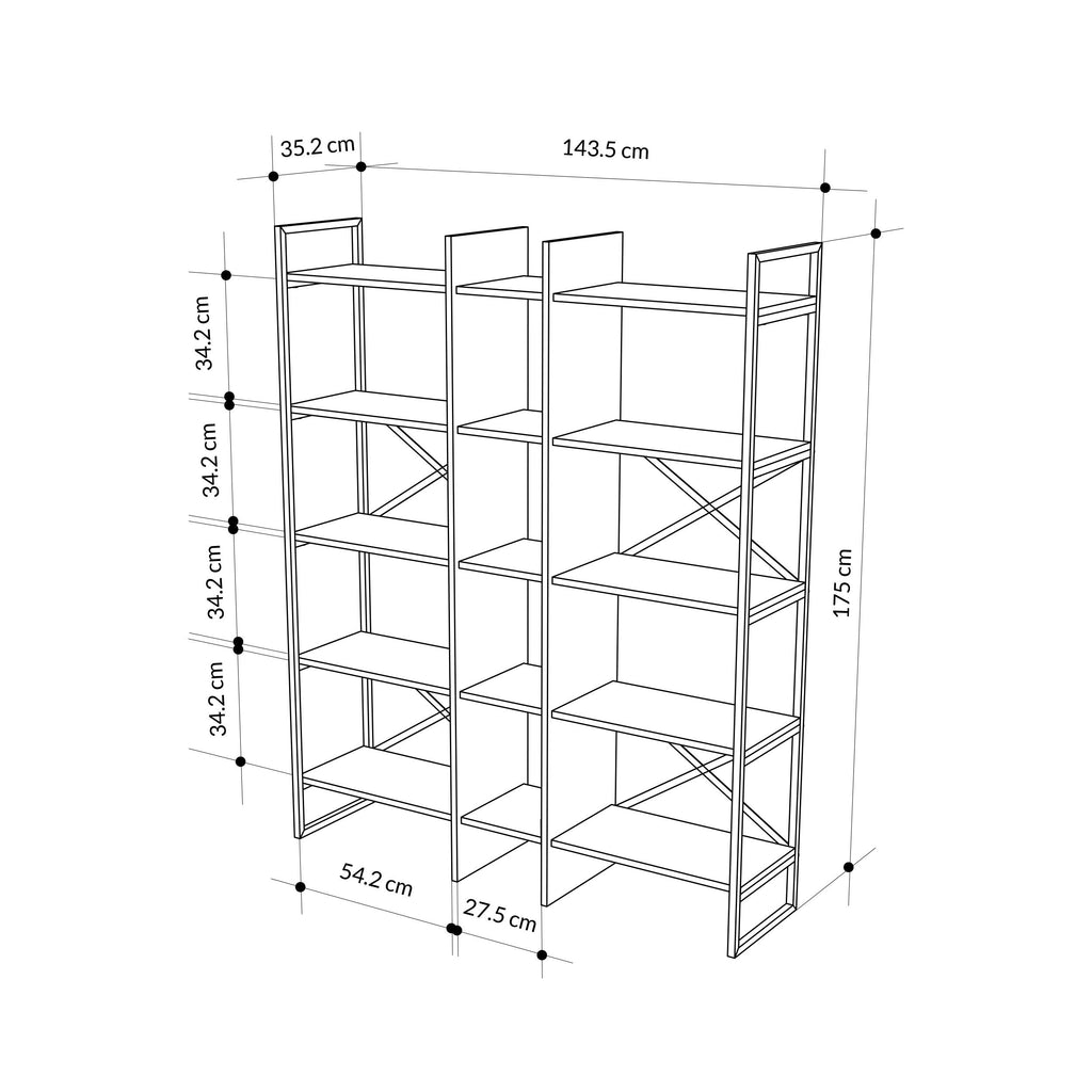 Decortieliving - Detroit Industrial Bookcase Shelving Unit Oak - Black 143,5 x 175 cm