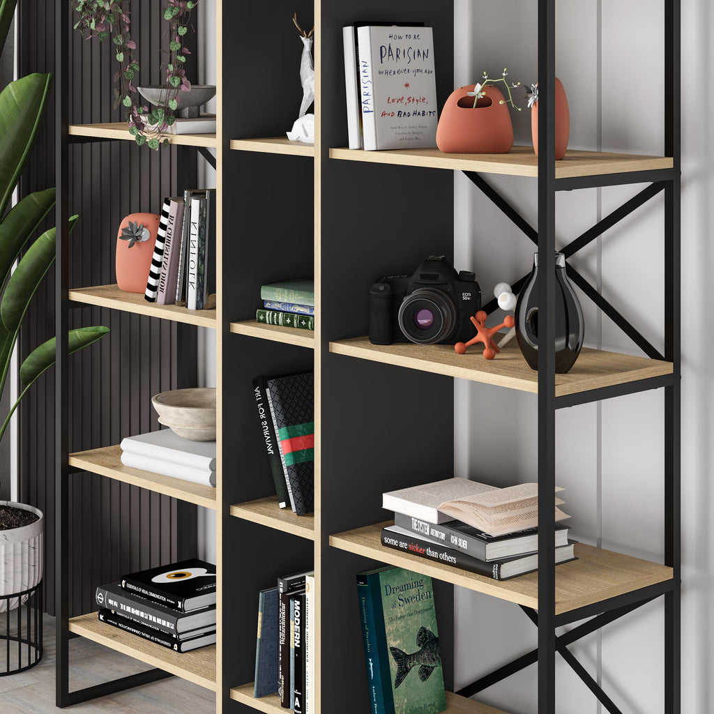 Decortieliving - Detroit Industrial Bookcase Shelving Unit Oak - Black 143,5 x 175 cm