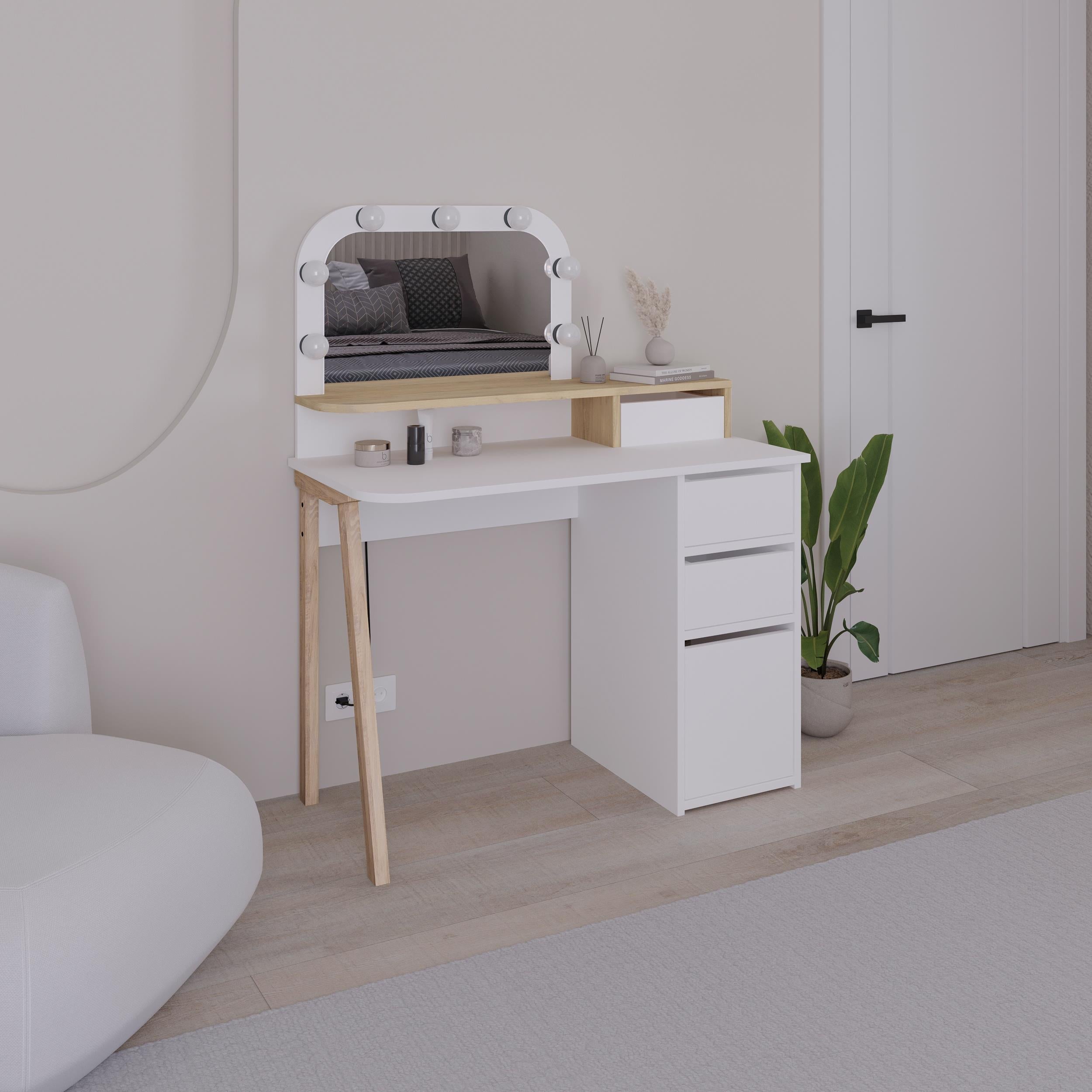 Coiffeuse Avien – Miroir LED, 3 tiroirs et meuble de rangement