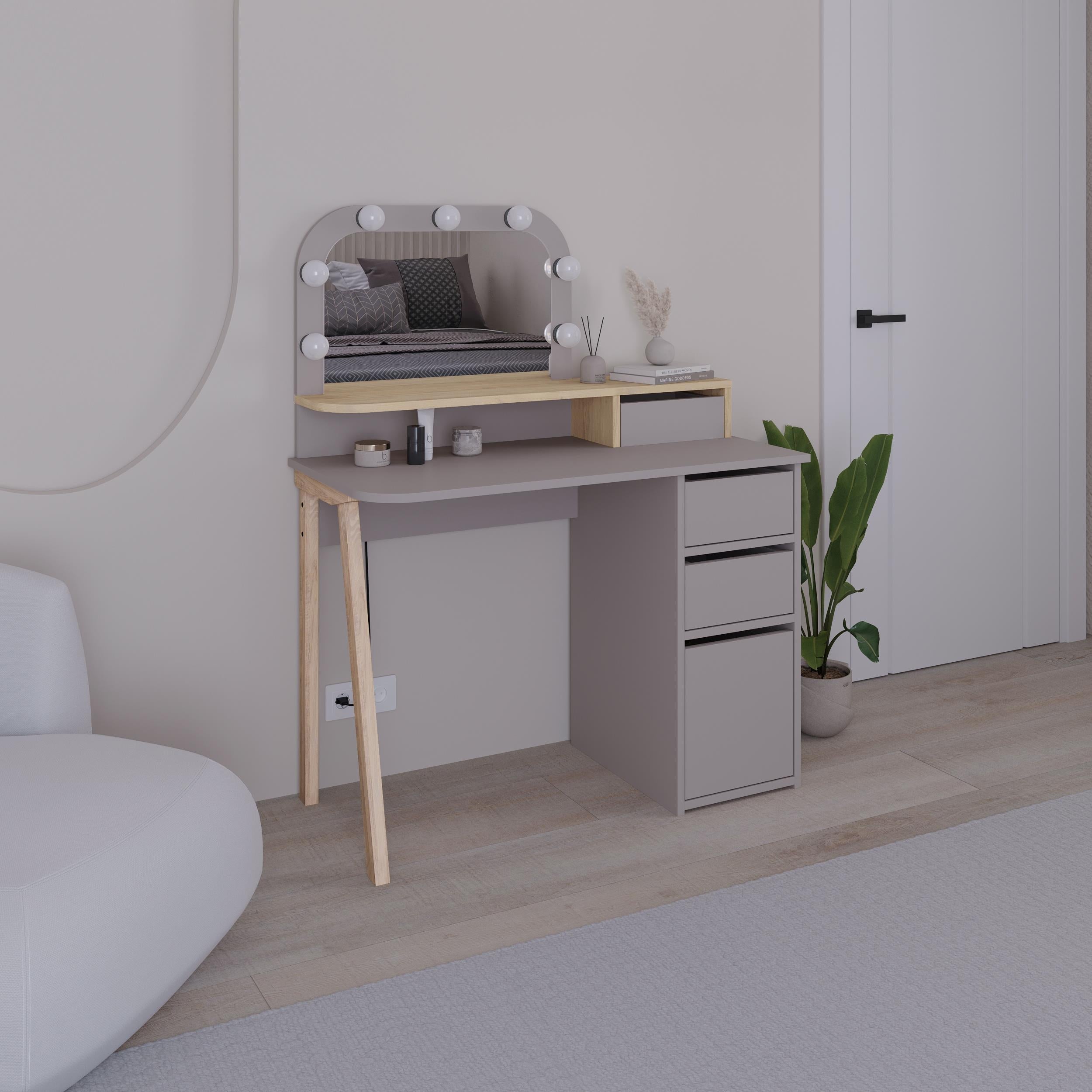 Coiffeuse Avien – Miroir LED, 3 tiroirs et meuble de rangement