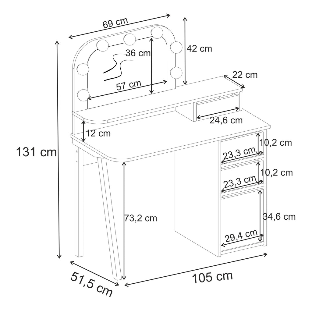 Coiffeuse Avien – Miroir LED, 3 tiroirs et meuble de rangement