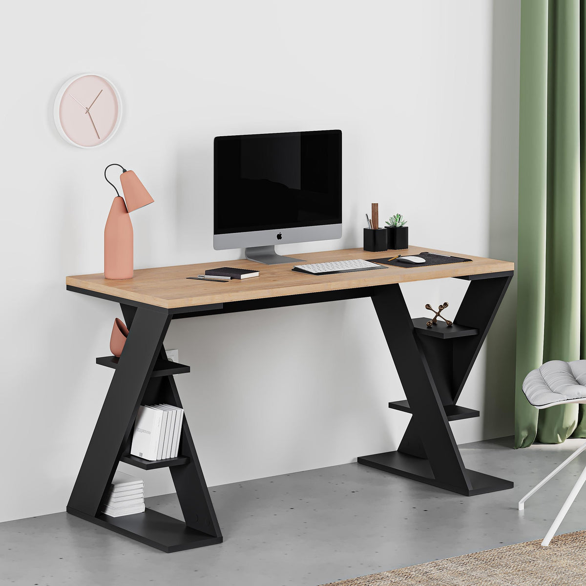 Decortieliving - Papillon Modern Desk With Bookshelf Legs Width 137cm