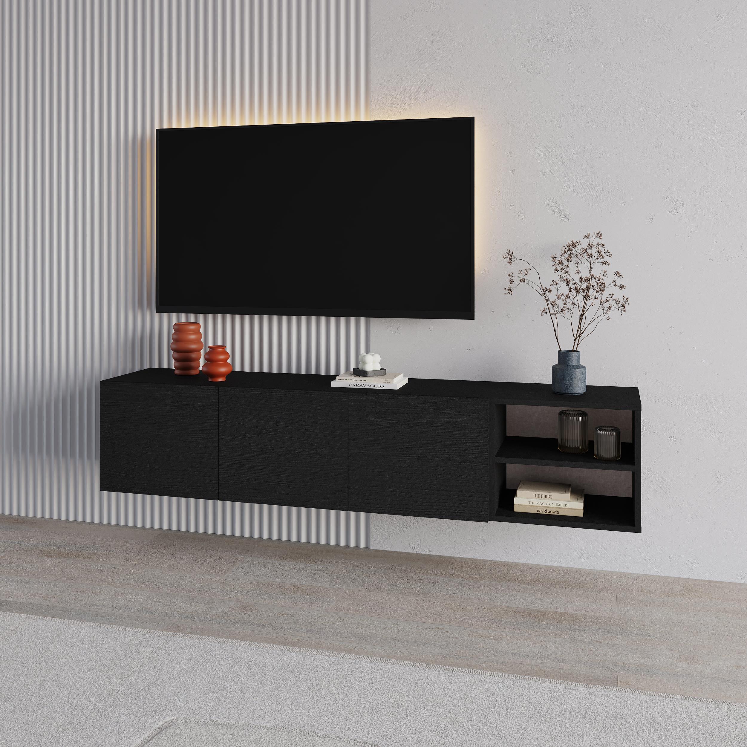 Meuble TV Conrad – 180 cm – 3 portes à fermeture amortie, centre de divertissement mural