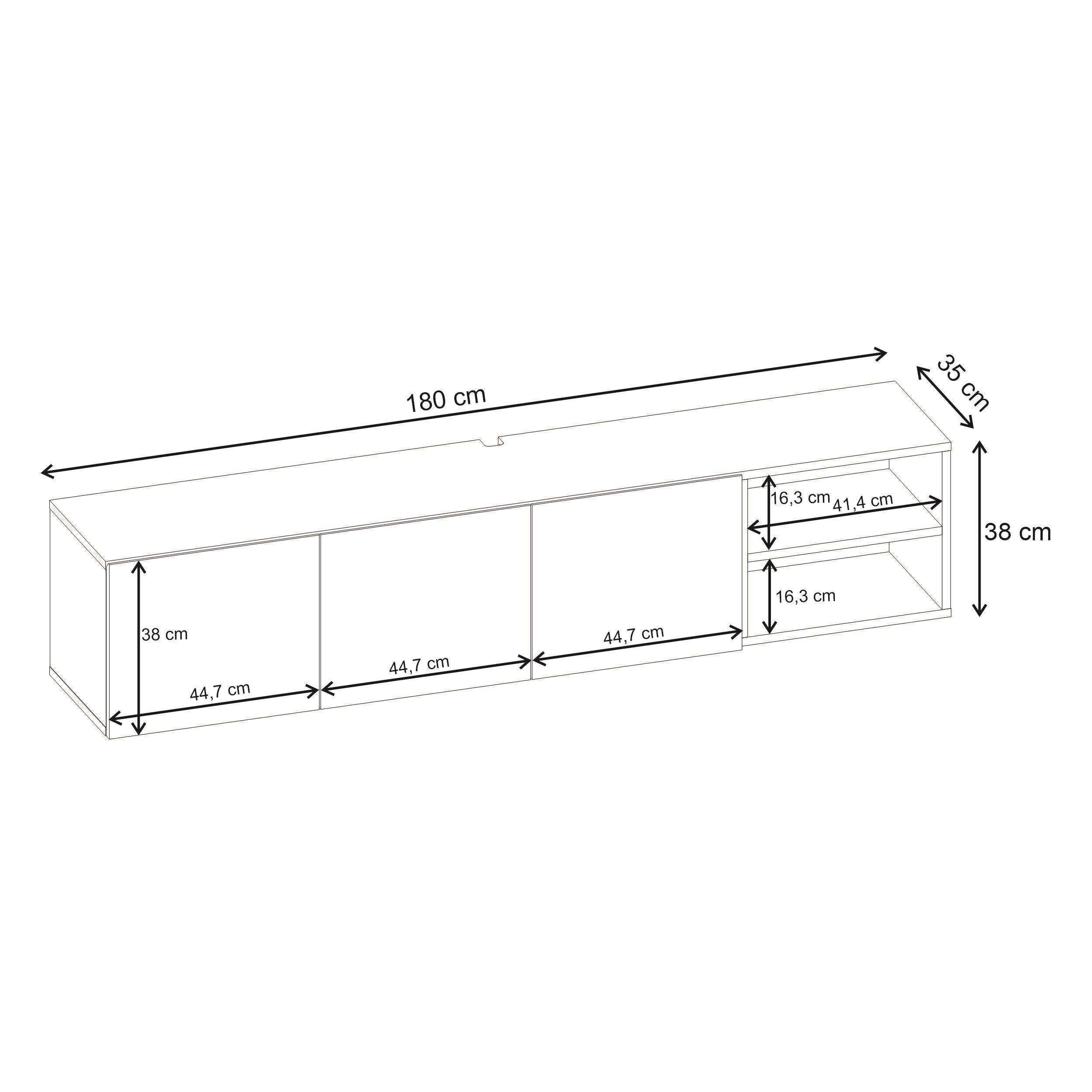 Meuble TV Conrad – 180 cm – 3 portes à fermeture amortie, centre de divertissement mural