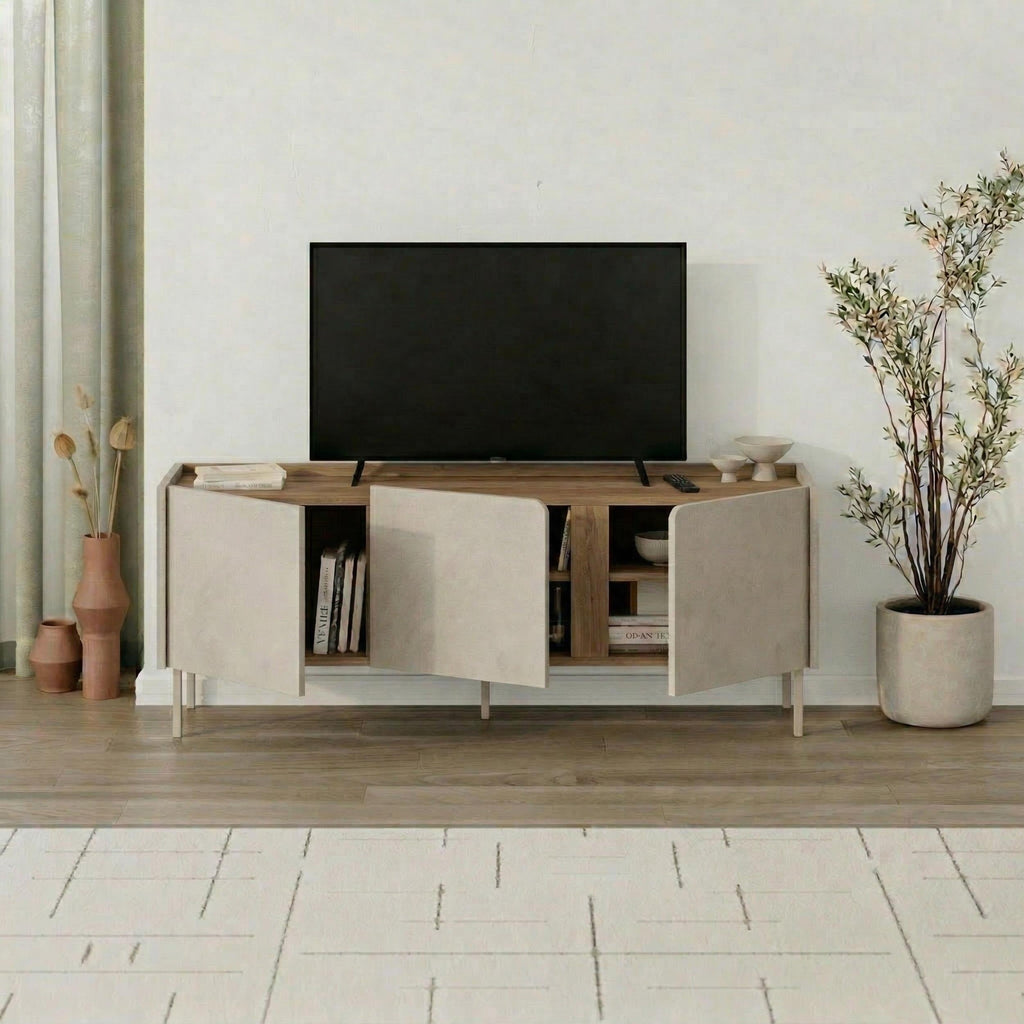 Decortieliving - Norm TV Unit 3 Doors Natural Oak-Sandstone 140 cm
