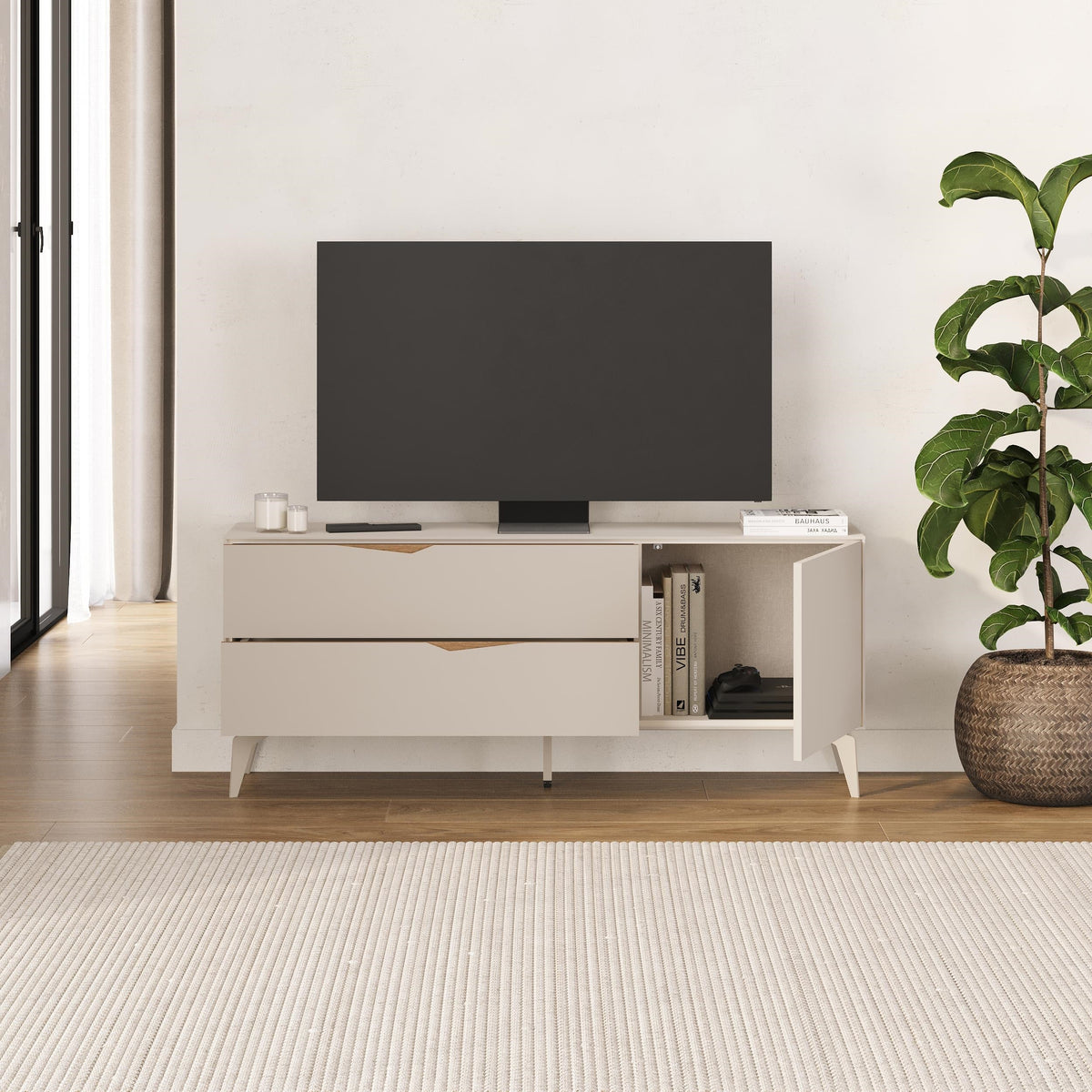 Decortieliving - Jaden TV Unit 2 Drawers 1 Door Sandstone 150 x 35 x 61 cm