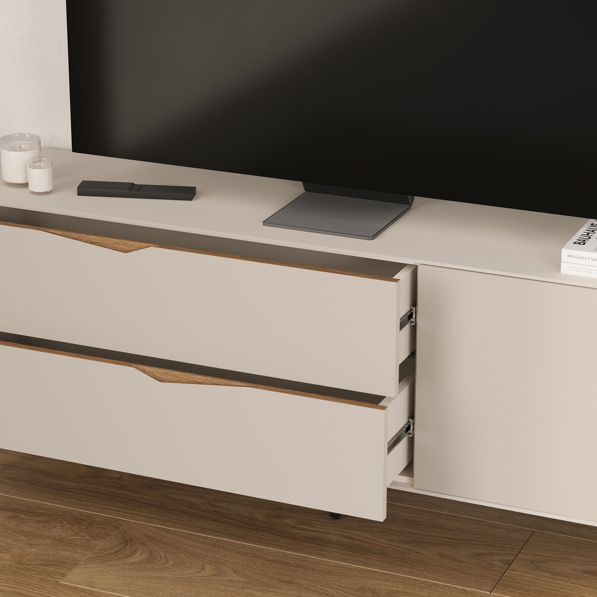 Decortieliving - Jaden TV Unit 2 Drawers 1 Door Sandstone 150 x 35 x 61 cm