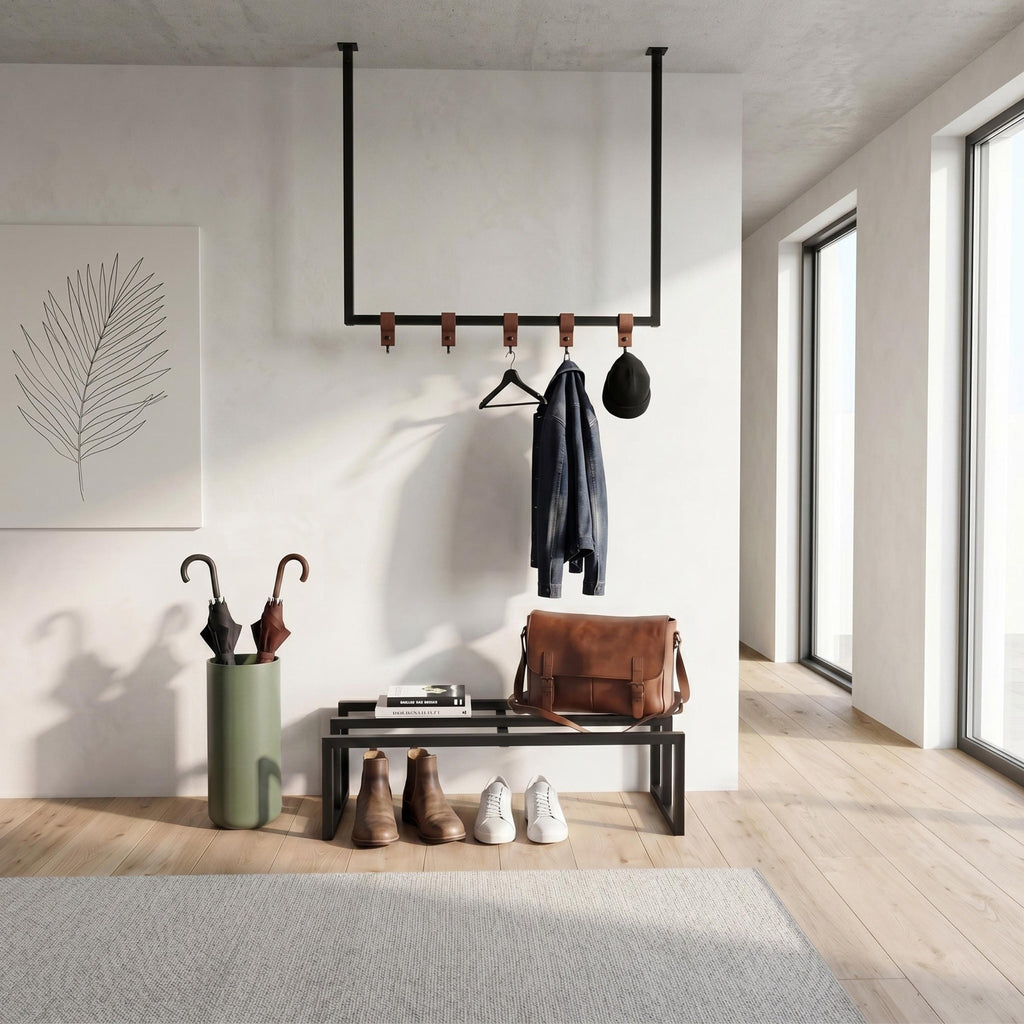 Decortieliving - Roya Hall Set Shoe Rack, 5 Metal Hook Wall Rail Black 72 x 30 x 50.2 cm