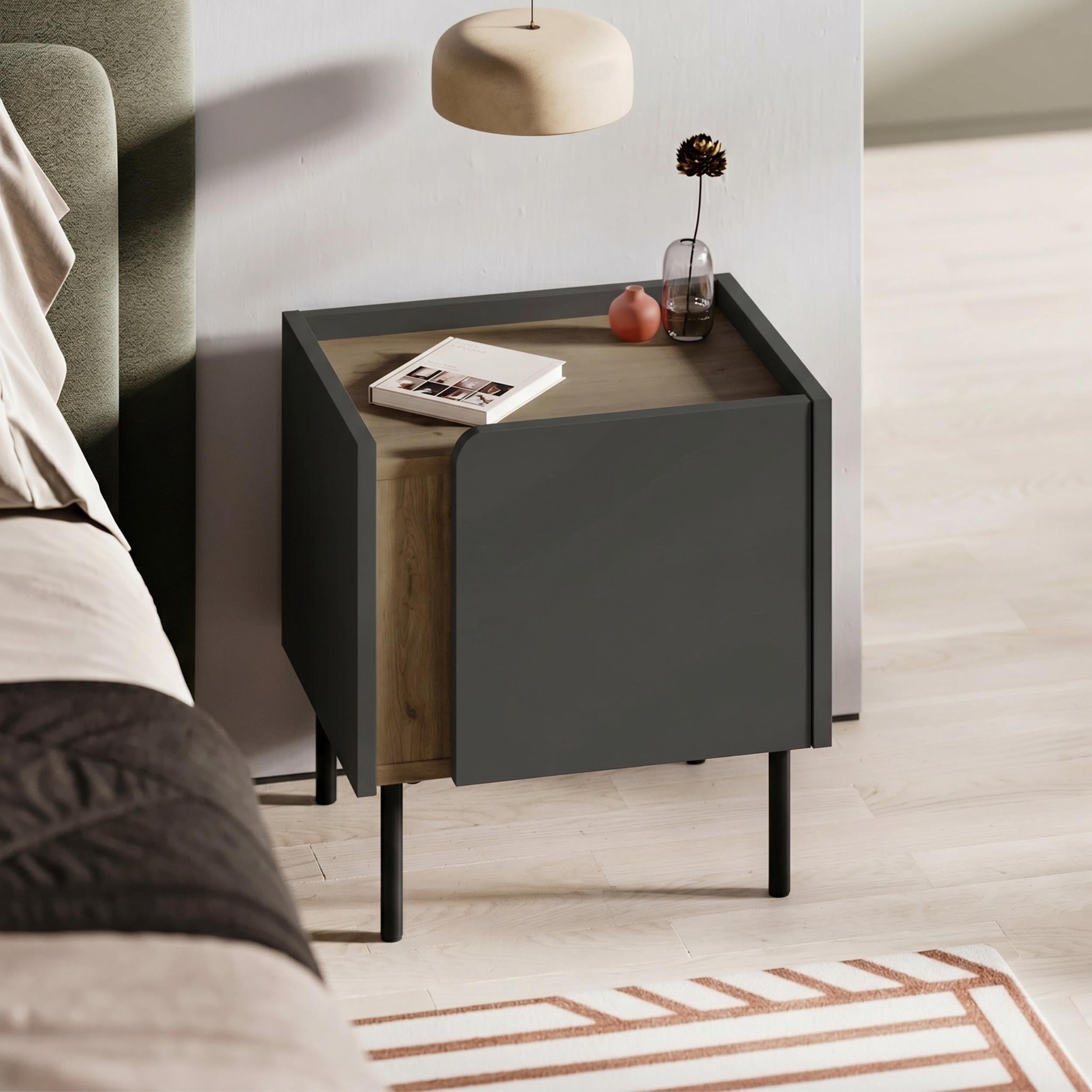Table de chevet Norm moderne avec rangement à porte à fermeture douce et pieds en métal