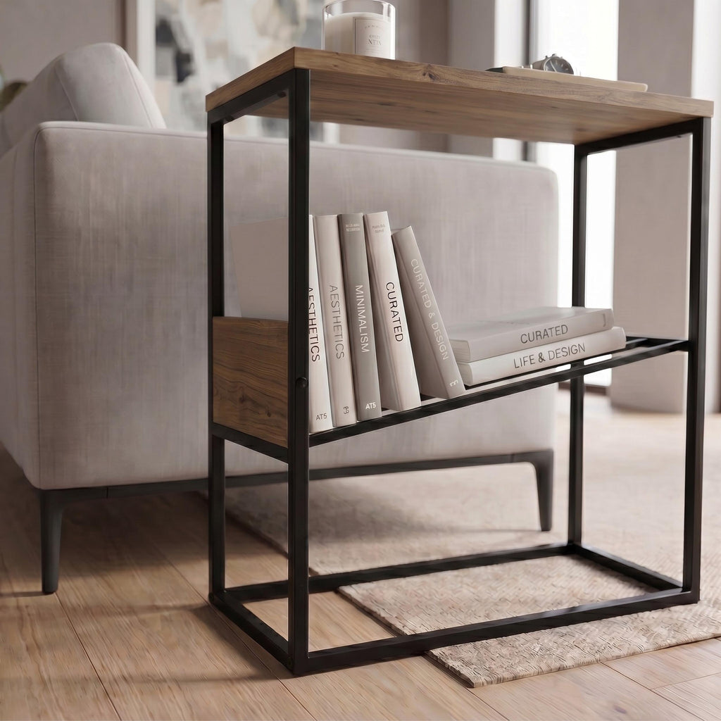 Table d'appoint moderne Tenol avec étagère métallique inclinée