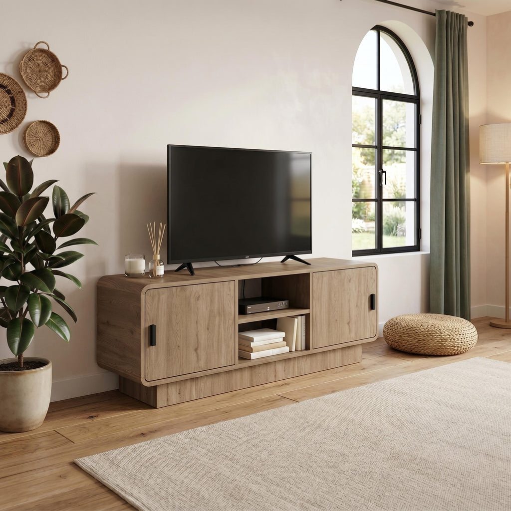 Meuble TV Rovel chêne naturel avec rangement et étagères