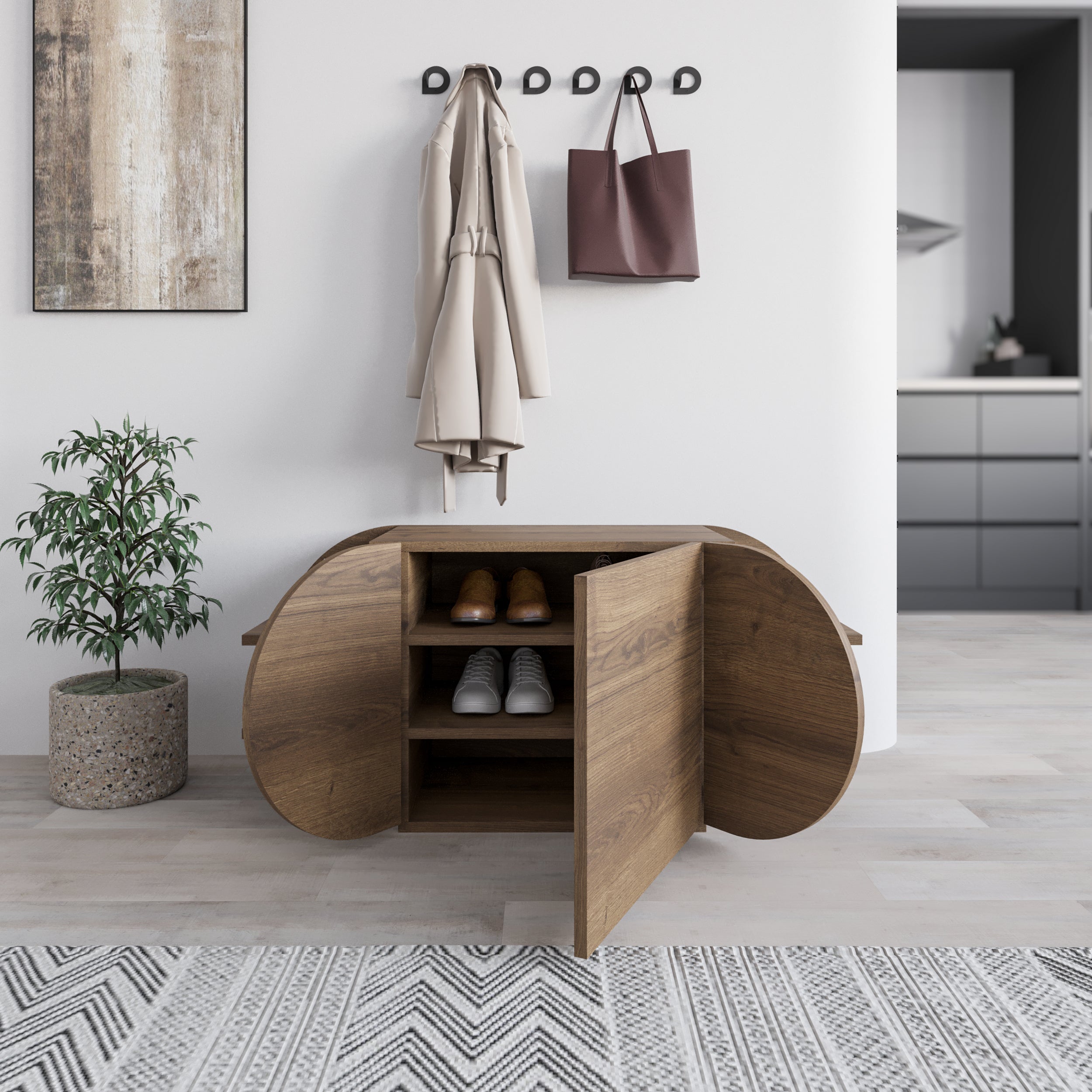 Banc à chaussures Pozy – Banc de couloir moderne avec armoire