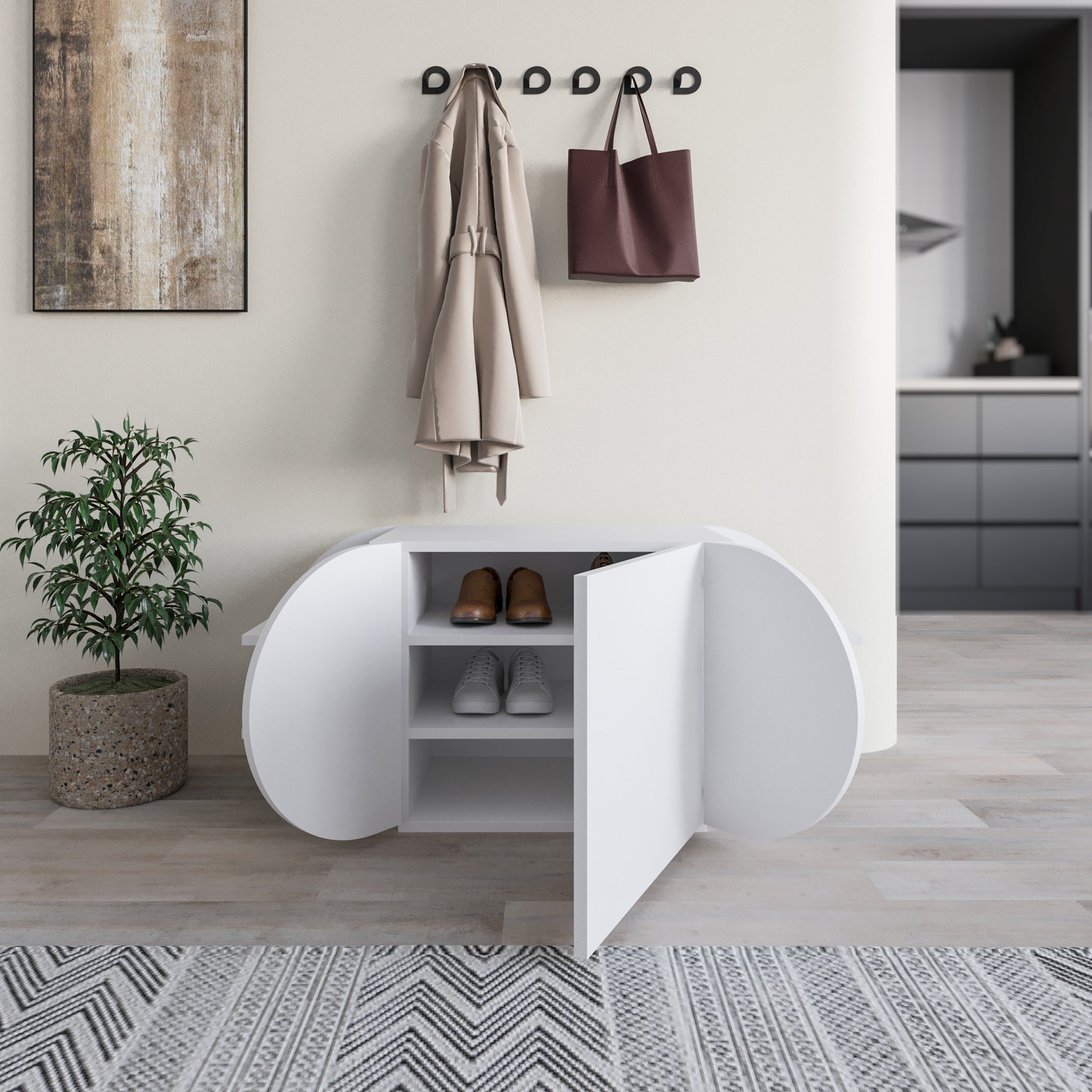 Banc à chaussures Pozy – Banc de couloir moderne avec armoire