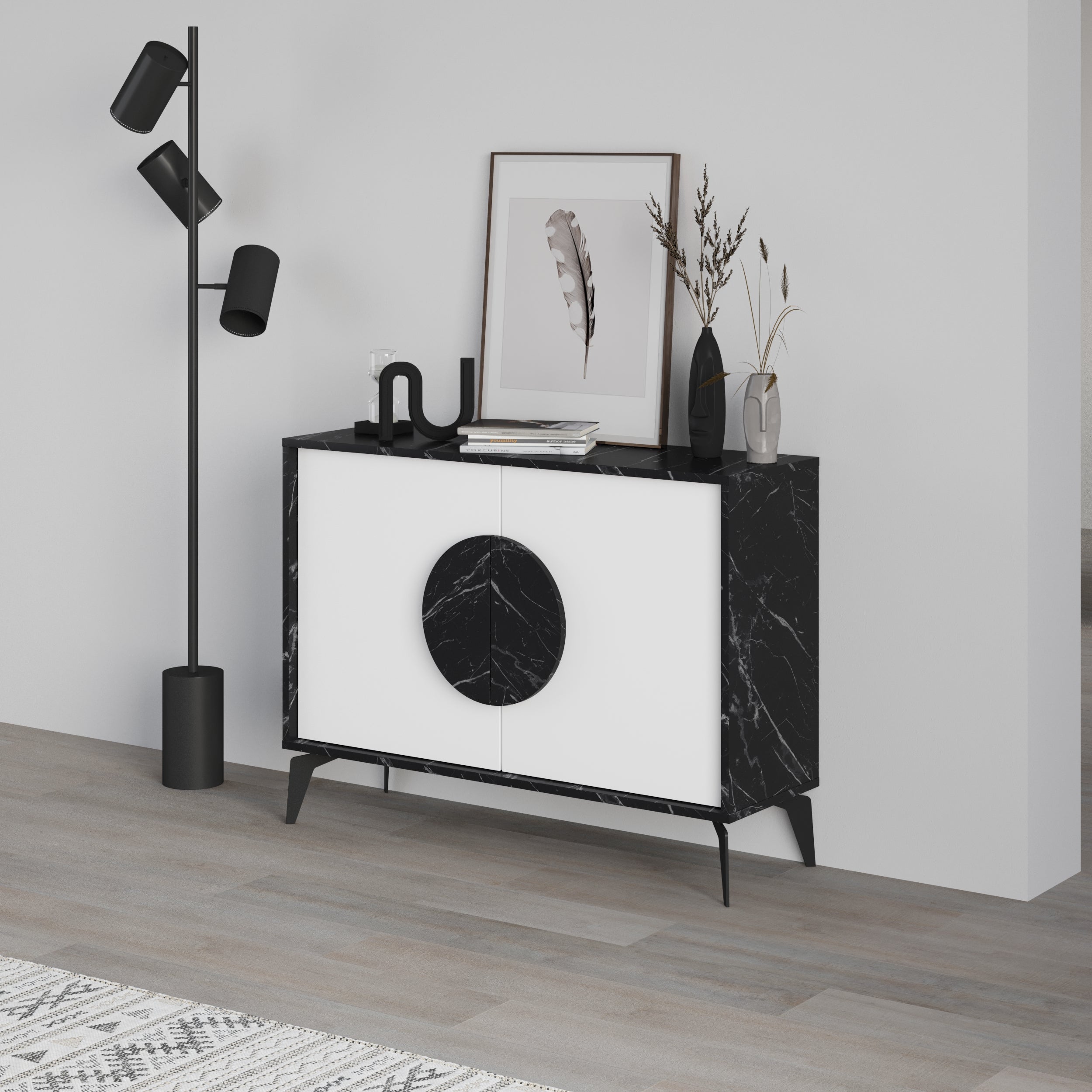 Decortieliving - Sideboard Set: Gora 110cm Console + Green Glass Mushroom Lamp