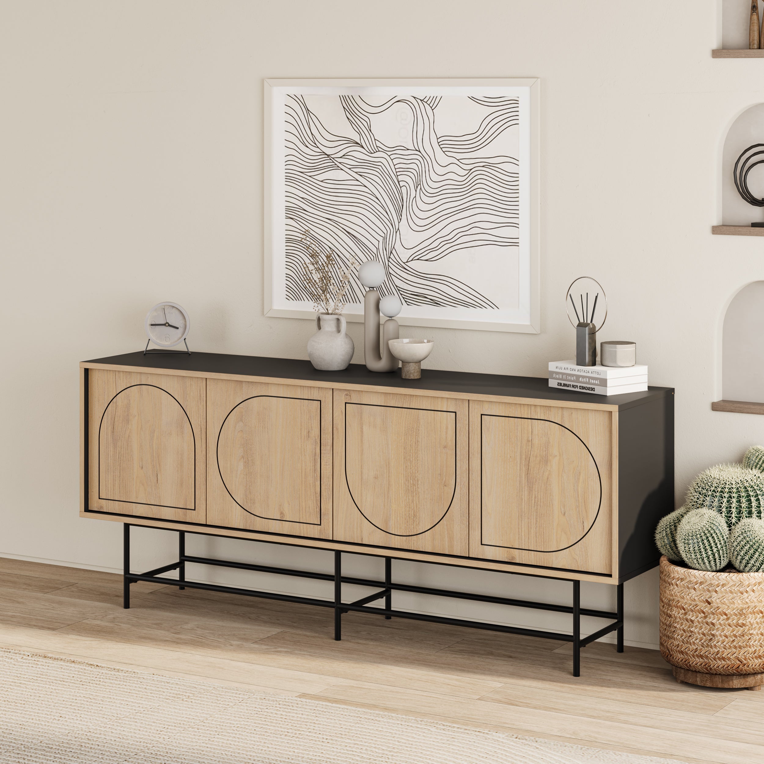Decortieliving - Joji Modern Sideboard Console Unit - Silky Black and Oak