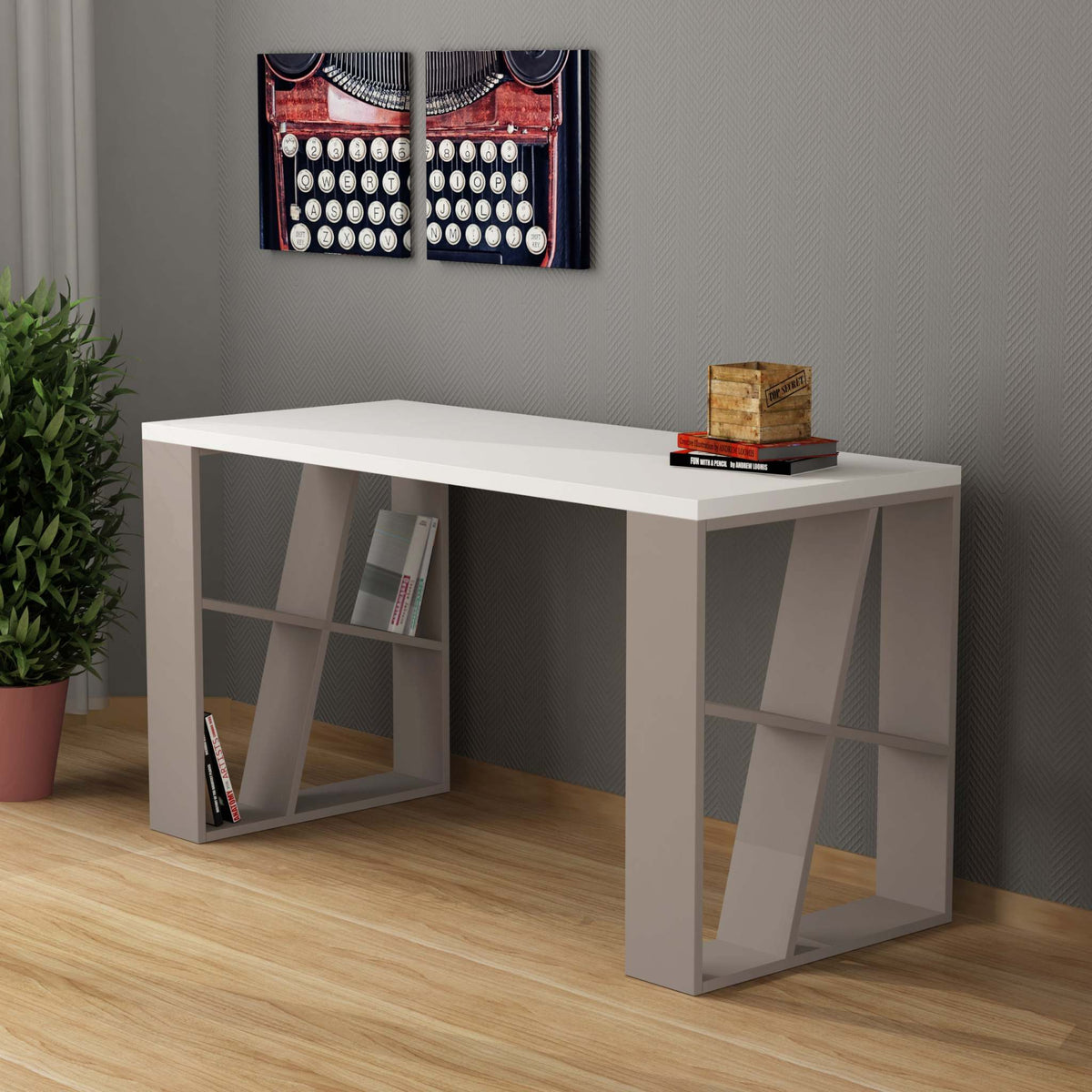Decortieliving - Honey Modern Desk With Bookshelf Legs Width 137cm
