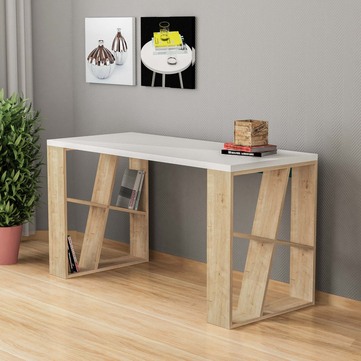 Decortieliving - Honey Modern Desk With Bookshelf Legs Width 137cm