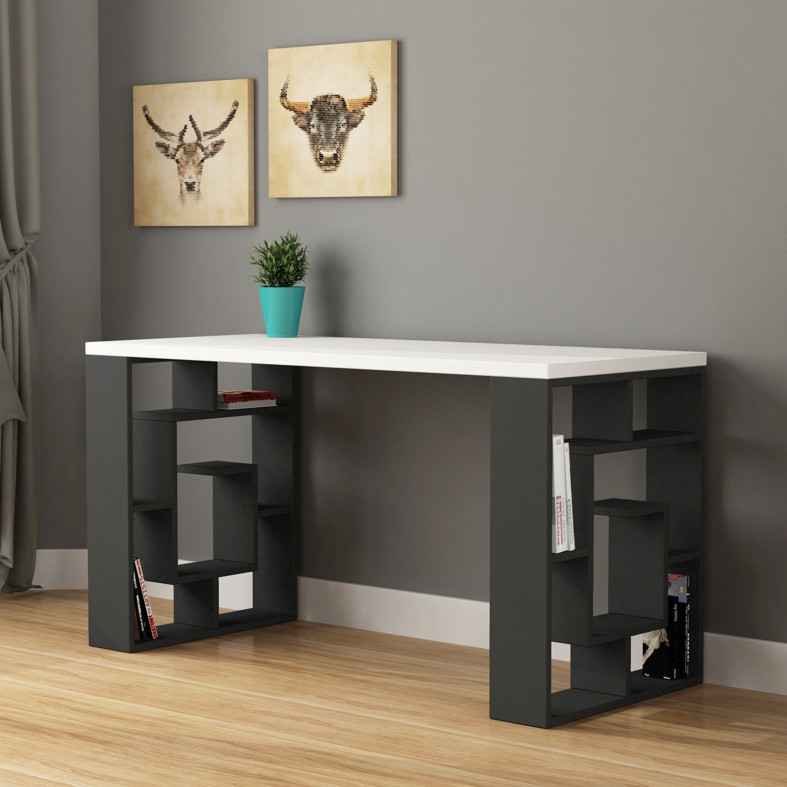 Decortieliving - Labirent Modern Desk With Bookshelf Legs Width 137cm