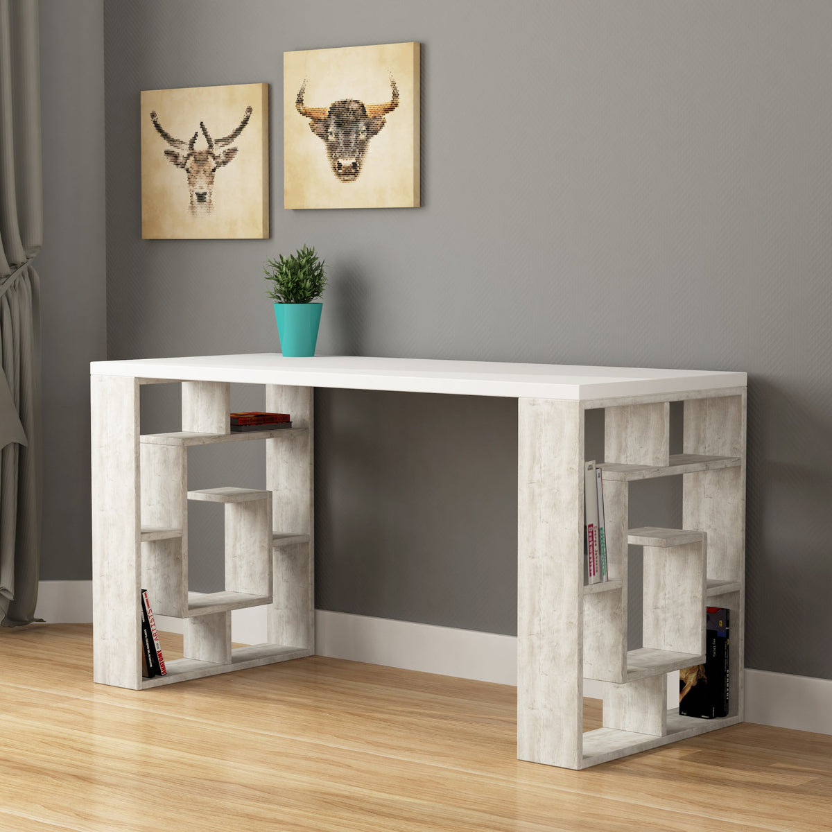 Decortieliving - Labirent Modern Desk With Bookshelf Legs Width 137cm