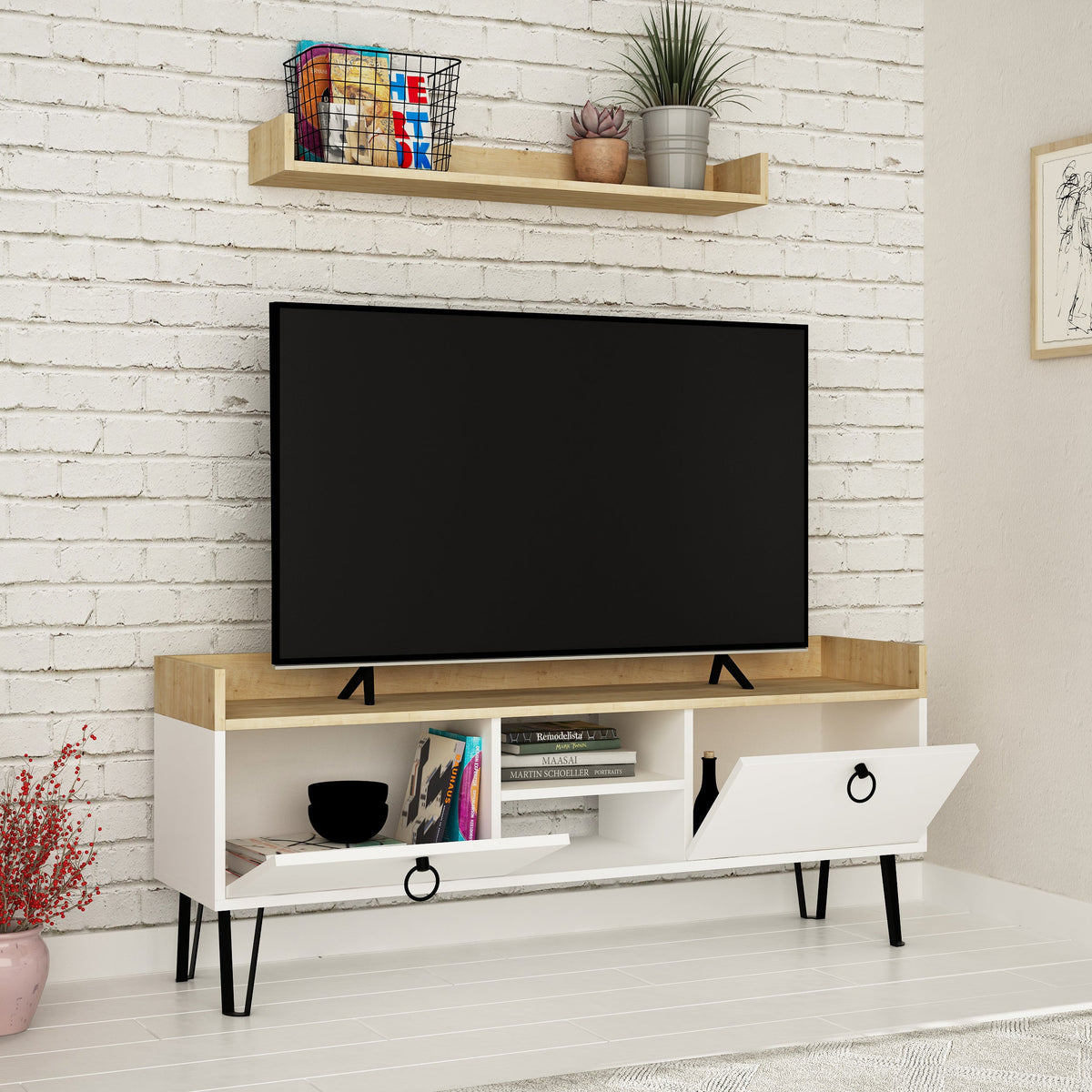 Decortieliving - Keday Modern TV Stand Multimedia Centre With Wall Shelf Unit 140cm