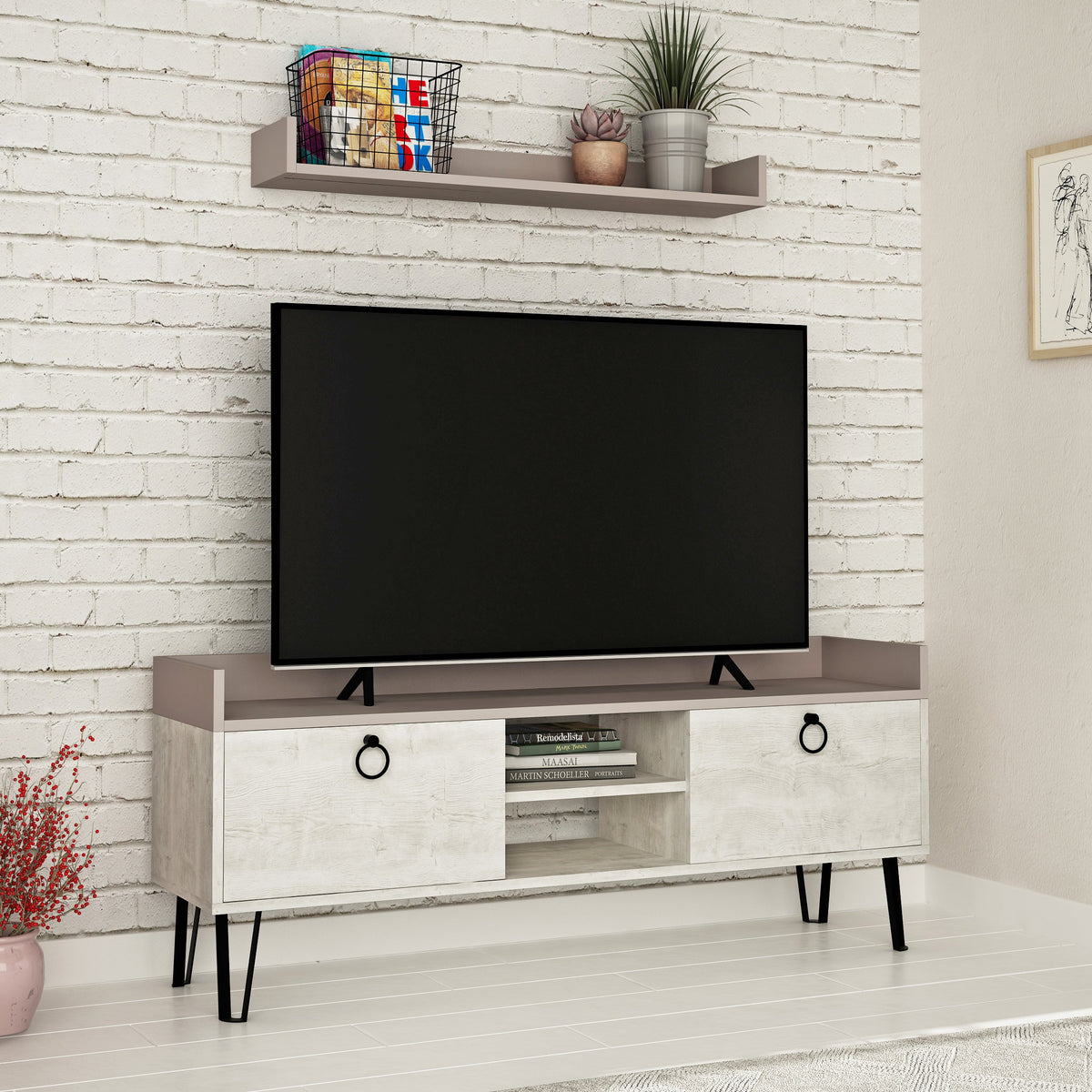 Decortieliving - Keday Modern TV Stand Multimedia Centre With Wall Shelf Unit 140cm