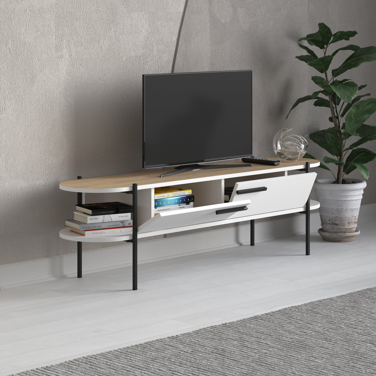 Decortieliving - Otis Modern TV Stand Multimedia Centre Metal Leg Storage 160cm