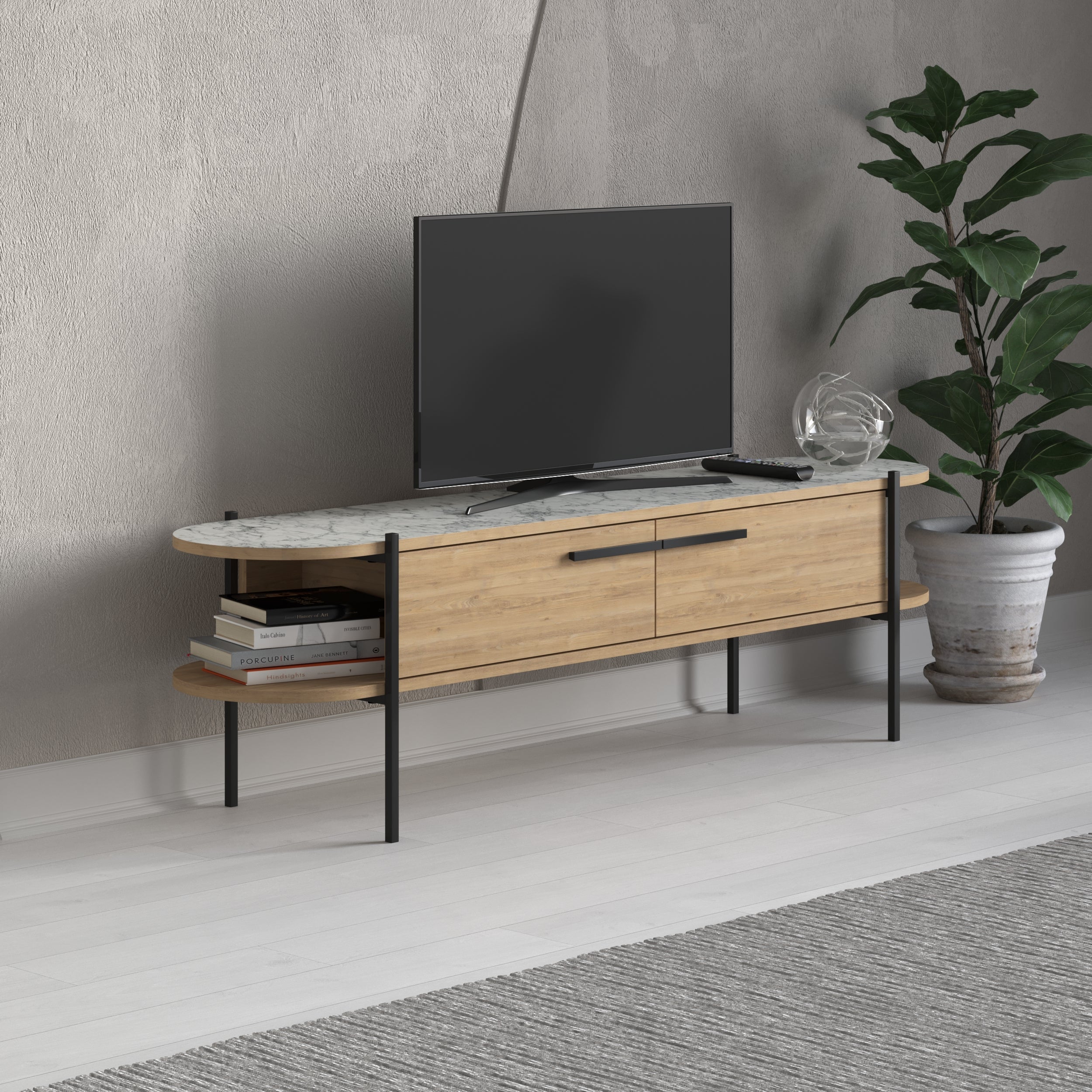 Decortieliving - Otis Modern TV Stand Multimedia Centre Metal Leg Storage 160cm