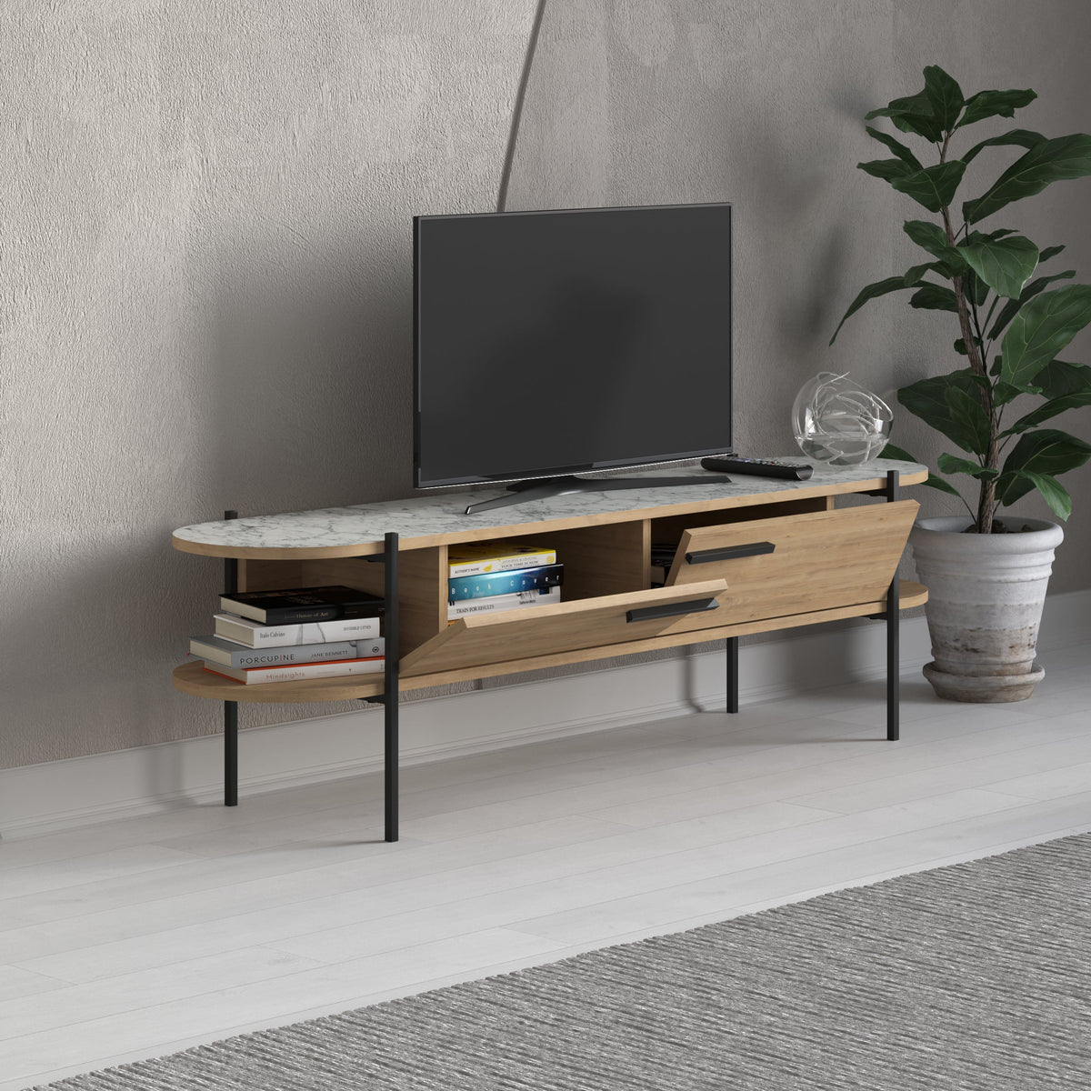 Decortieliving - Otis Modern TV Stand Multimedia Centre Metal Leg Storage 160cm